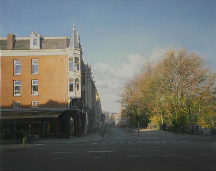 Gerard Huysman - Hoek Sarphatipark Amsterdam - 2014 - olieverf op paneel - 58 x 73 cm