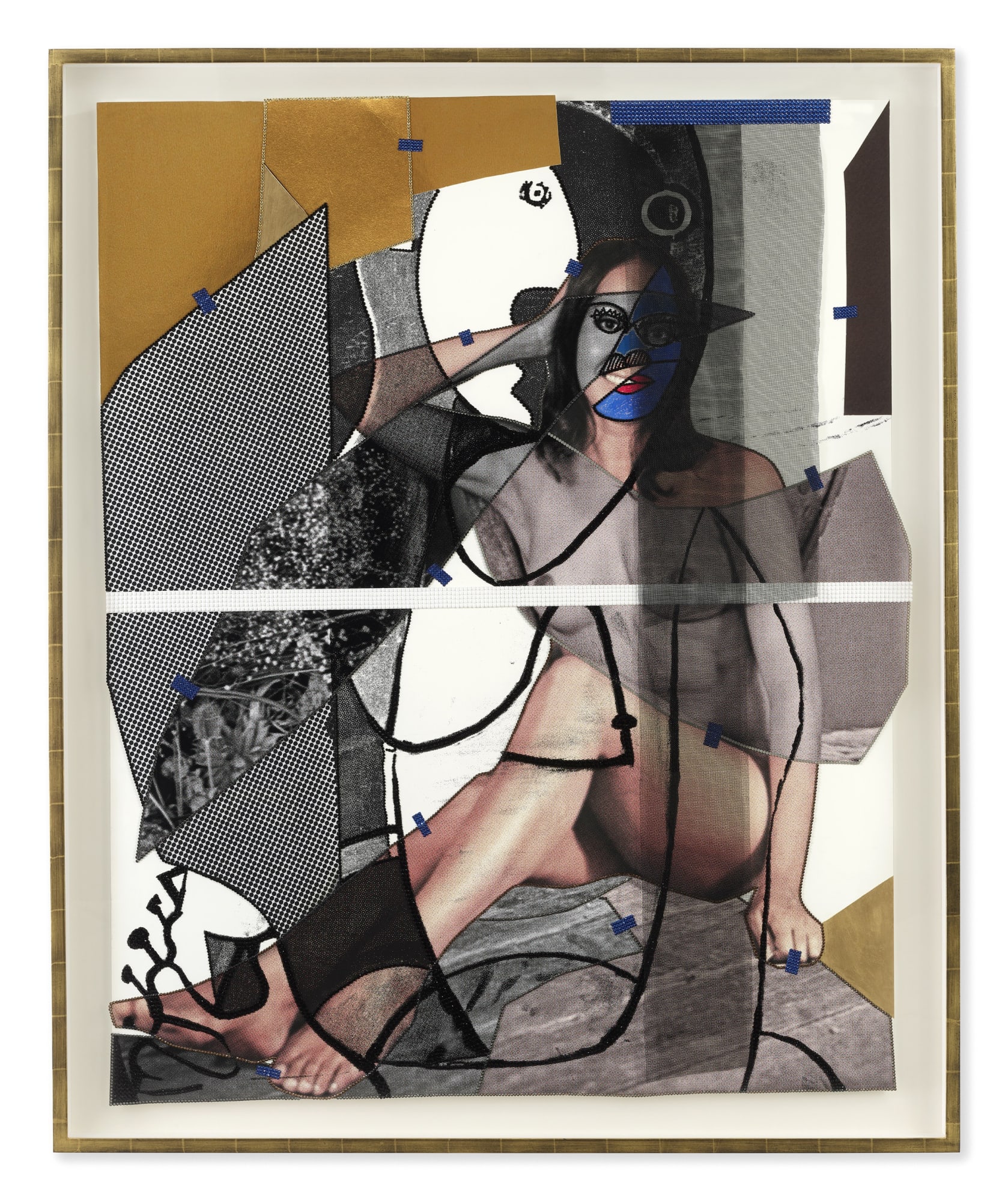 Mickalene Thomas Jet Blue #34, 2021 Color photograph, mixed media paper, acrylic paint, metallic acrylic resin, oil pastel,rhinestones, fiberglass mesh on museum paper mounted on dibond 67 1/8 x 55 1/8 inches - 170,5 x 140 cm