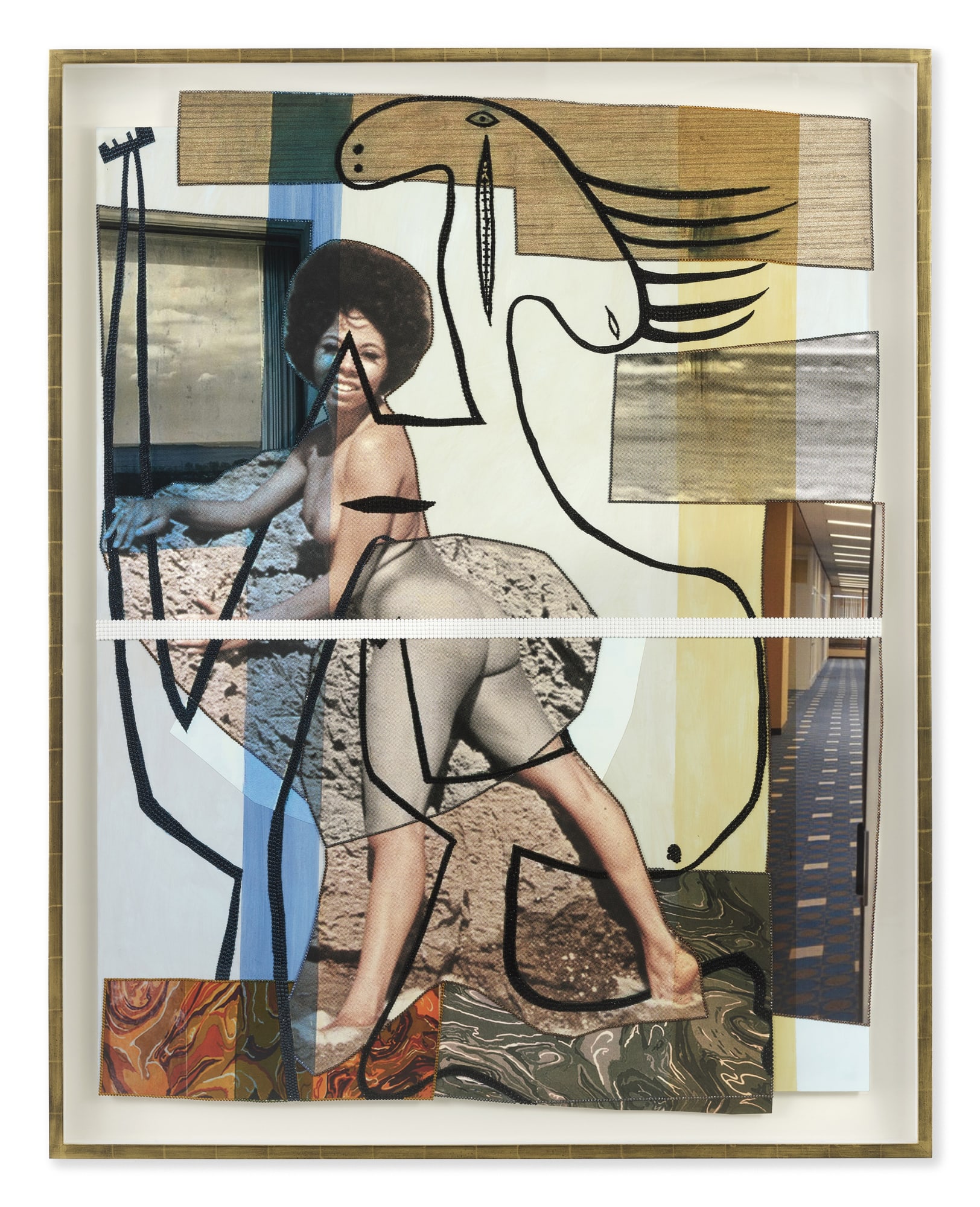Mickalene Thomas Jet Blue #35 , 2021 Color photograph, mixed media paper, acrylic paint, rhinestones on museum paper mounted on dibond 68 3/8 x 54 3/8 inches - 173,7 x 138,1 cm