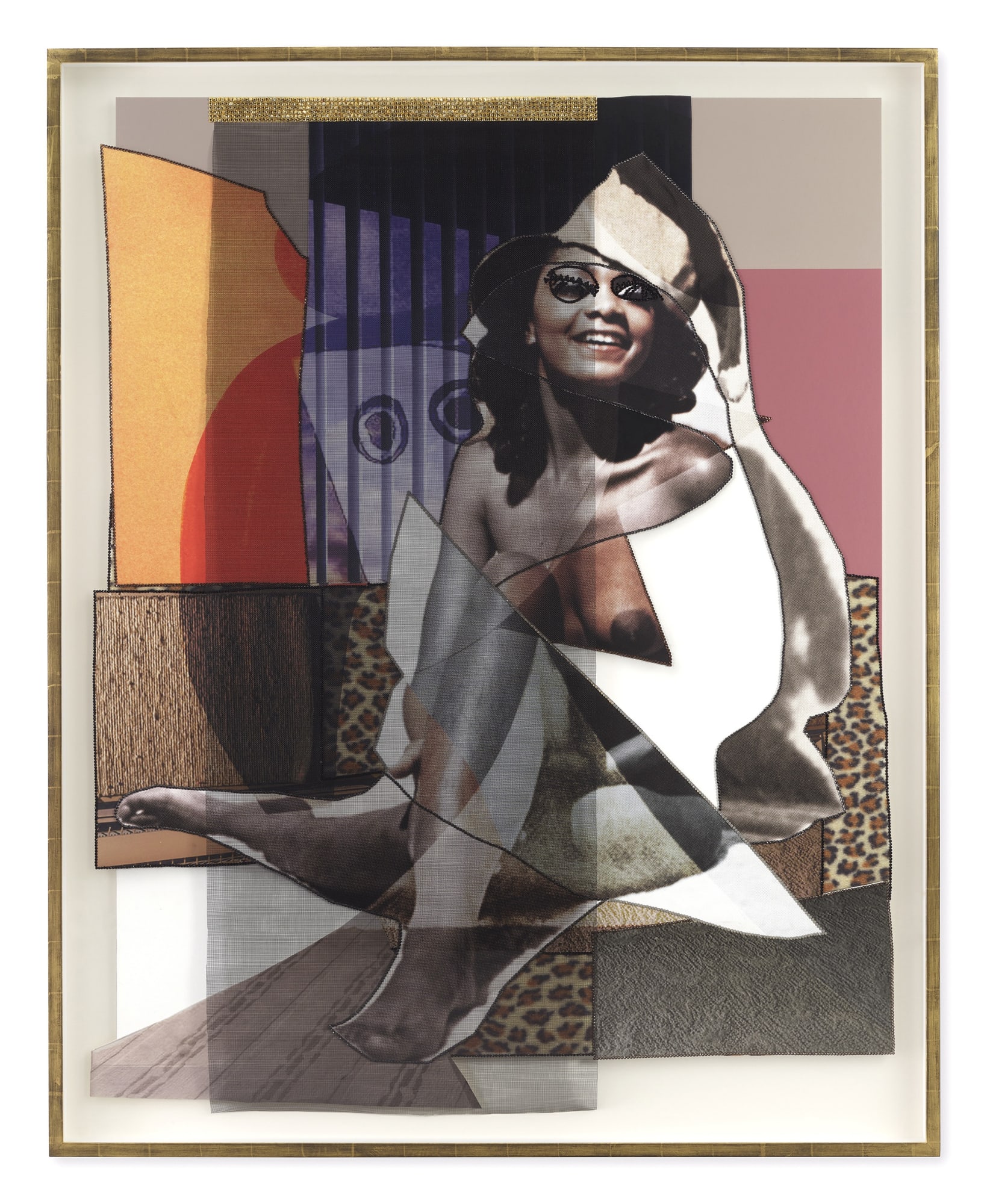Mickalene Thomas Jet Blue #37 , 2021 Color photograph, mixed media paper, acrylic paint, rhinestones, fiberglass mesh on museum paper mounted on dibond 68 7/8 x 55 3/8 inches - 174,9 x 140,7 cm