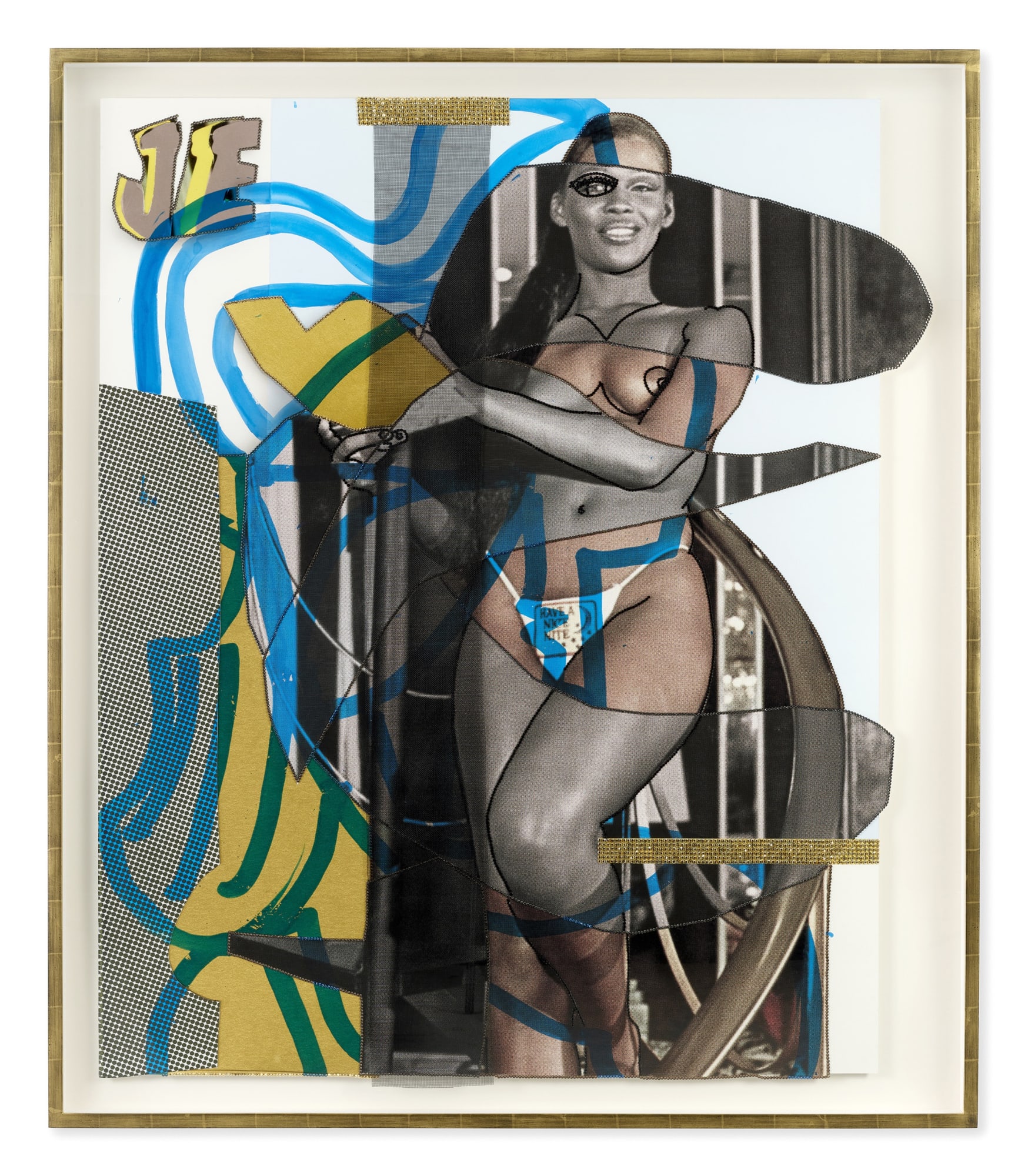 Mickalene Thomas Jet Blue #41, 2021 Color photograph, mixed media paper, acrylic paint, rhinestones, fiberglass mesh on museum paper mounted on dibond 65 7/8 x 56 3/4 inches - 167,3 x 144,1 cm