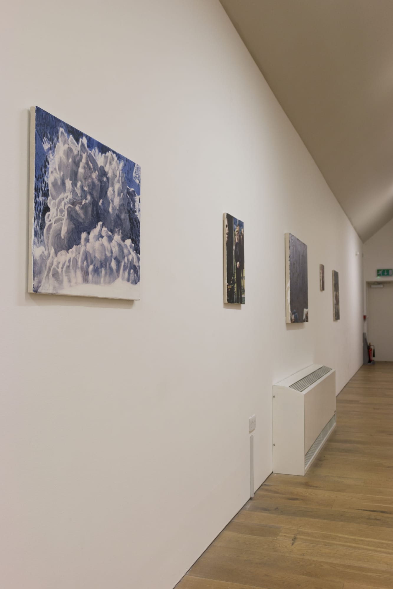 Joseph Yaeger, (left to right) The bargain I, watercolour on gesso on canvas. The extra man's actor, watercolour on gesso on canvas. The interviewer and the interviewee, watercolour on gum Arabic on canvas. The bargain II, watercolour on gum Arabic on canvas. Chekov's gun, watercolour on gum Arabic and pigment on gesso on canvas.