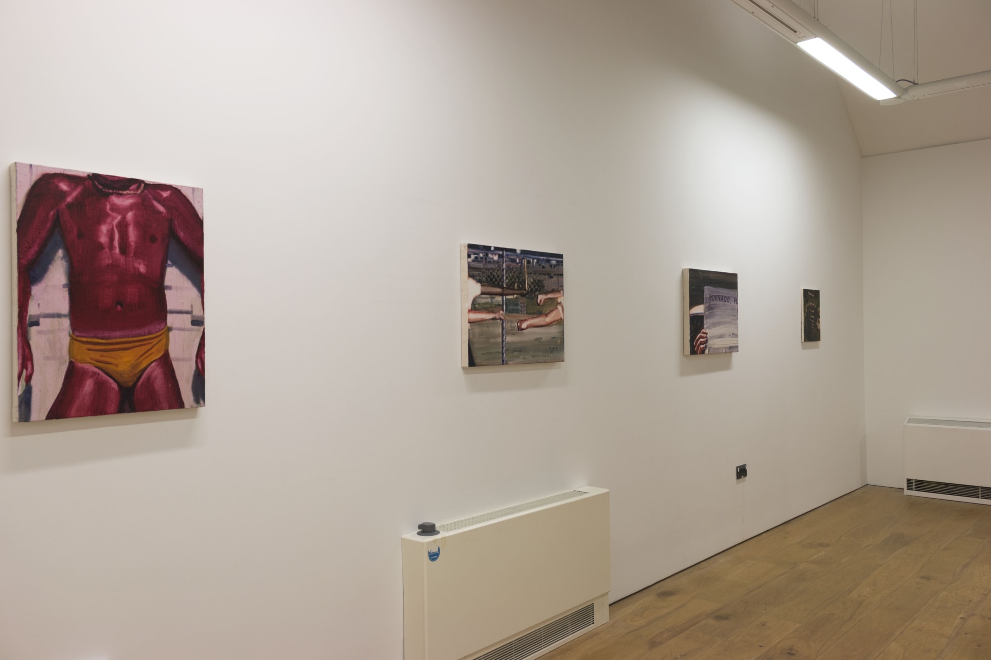 Joseph Yaeger, (left to right) Body I, watercolour on gesso on canvas. 21 May 1998, watercolour on gesso on canvas. Tornado, tornado, watercolour on gesso on canvas. Body II, watercolour on gesso on canvas.
