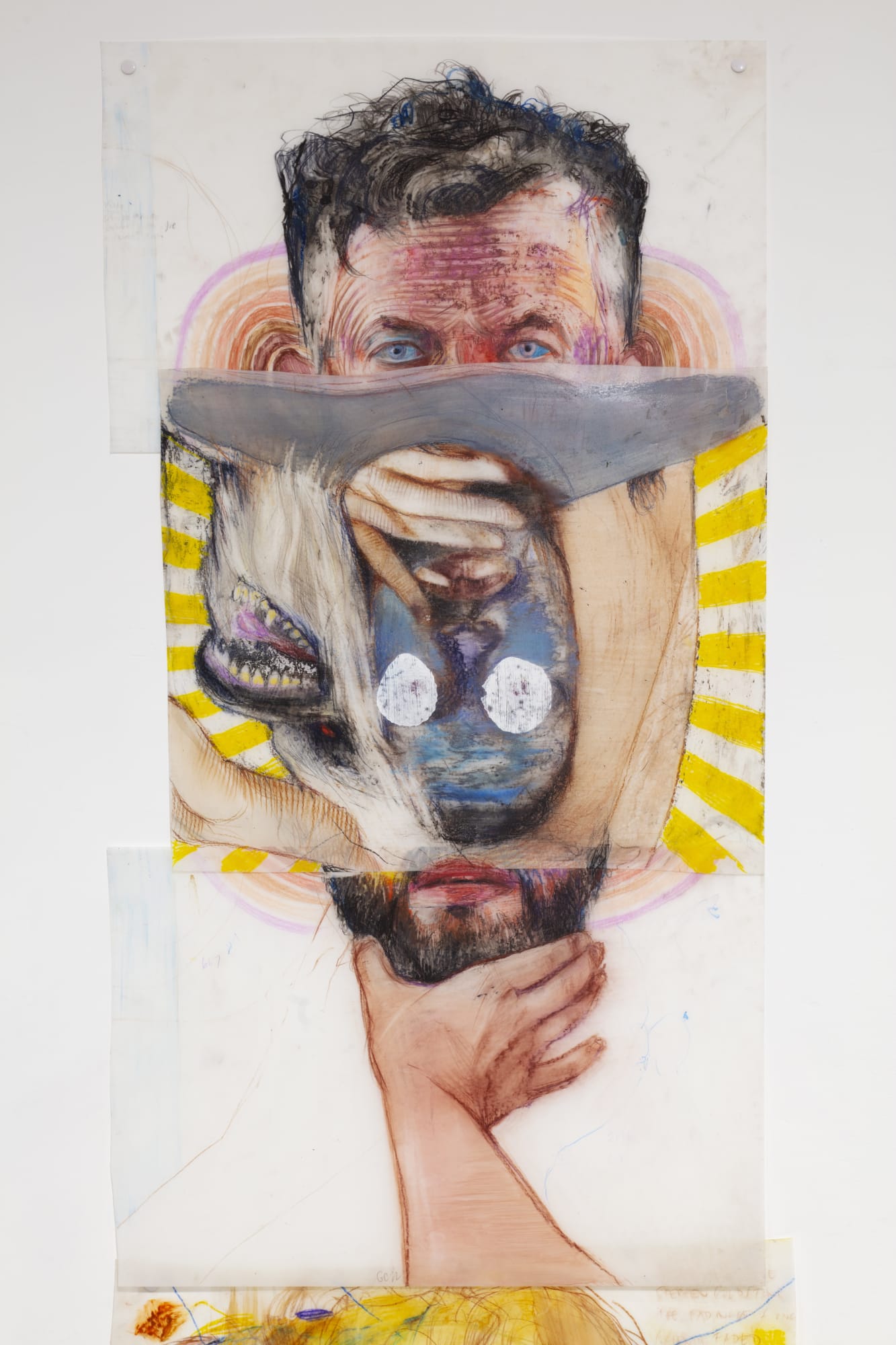 Geoffrey Chadsey smoke-split, 2022 Watercolor pencil and crayon, spray paint on mylar, tape. 88.9 x 48.3 cm (35 x 19 in)