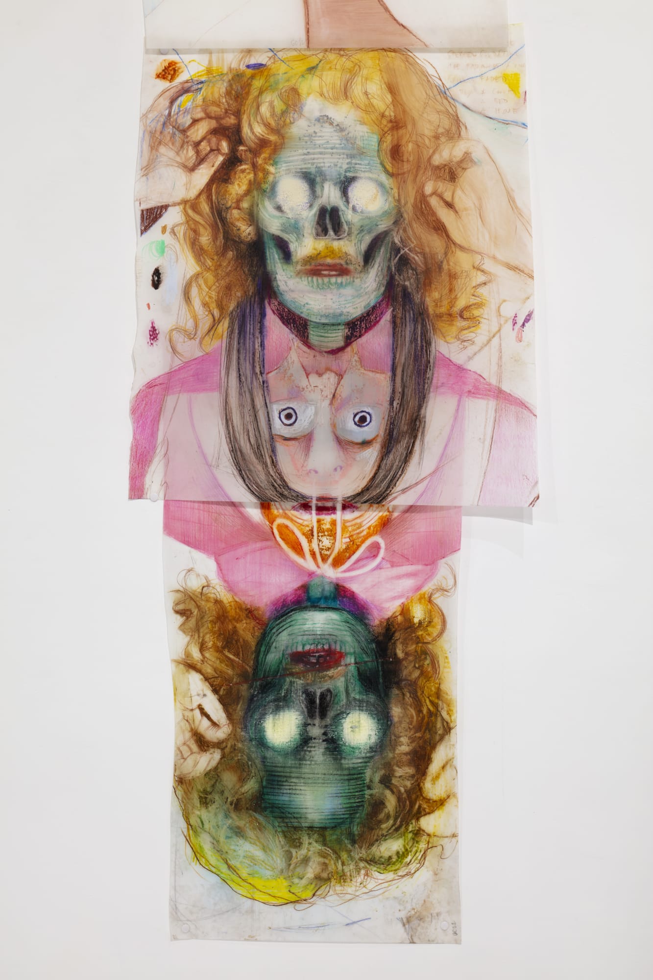 Geoffrey Chadsey skull-flip, 2022 Watercolor pencil and crayon, spray paint on mylar, tape 115.6 x 52.1 cm (45 1/2 x 20 1/2 in)