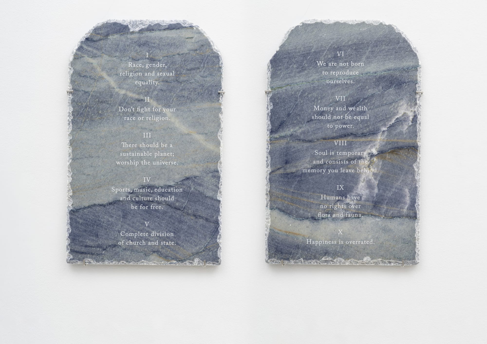 part of Nummer achttien, Acte X, spice of life, death drive, 2022 Engraved text on Azul Macauba, two parts 57 x 36 x 2 cm | 22 1/2 x 14 1/8 x 3/4 in (each) Edition 2/6 plus 2 artist's proofs