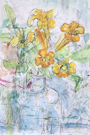 Plant Studies: Yello Trumpet (2024) 18" x 12", graphite, charcoal & watercolor on paper, Wanda Boudreaux