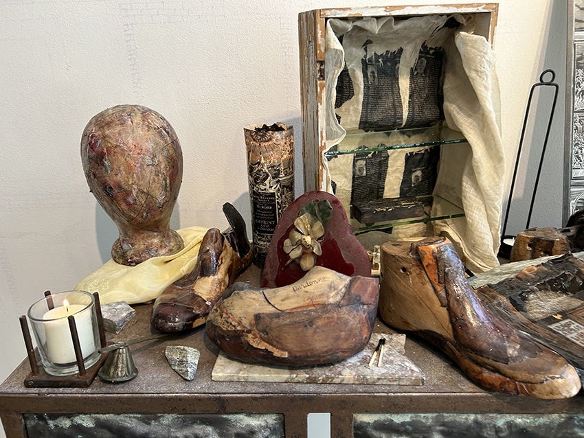 Jan Gilbert Installaton (2024) Found objects, acrylic transfers, photographic media