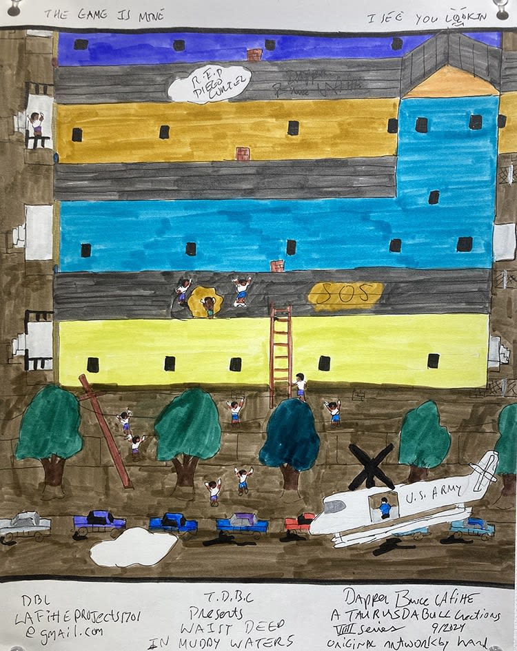 Waist Deep In Muddy Water (2024) ink on paper, 10 3/4" x 13 3/4" $1200 BRUCE LAFITTE