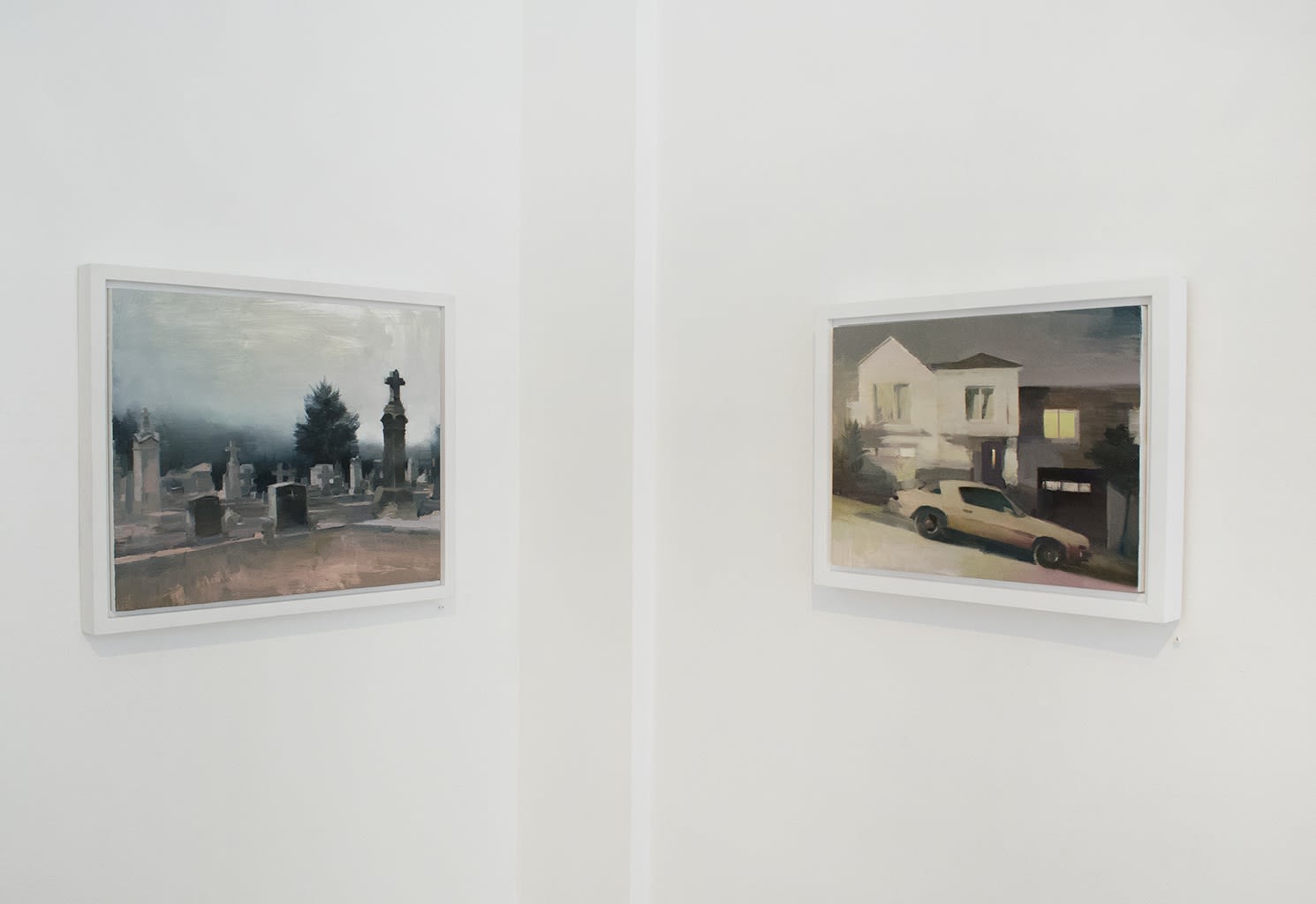 Installation view of oil paintings from Kim Cogan's solo show "Evergreen"