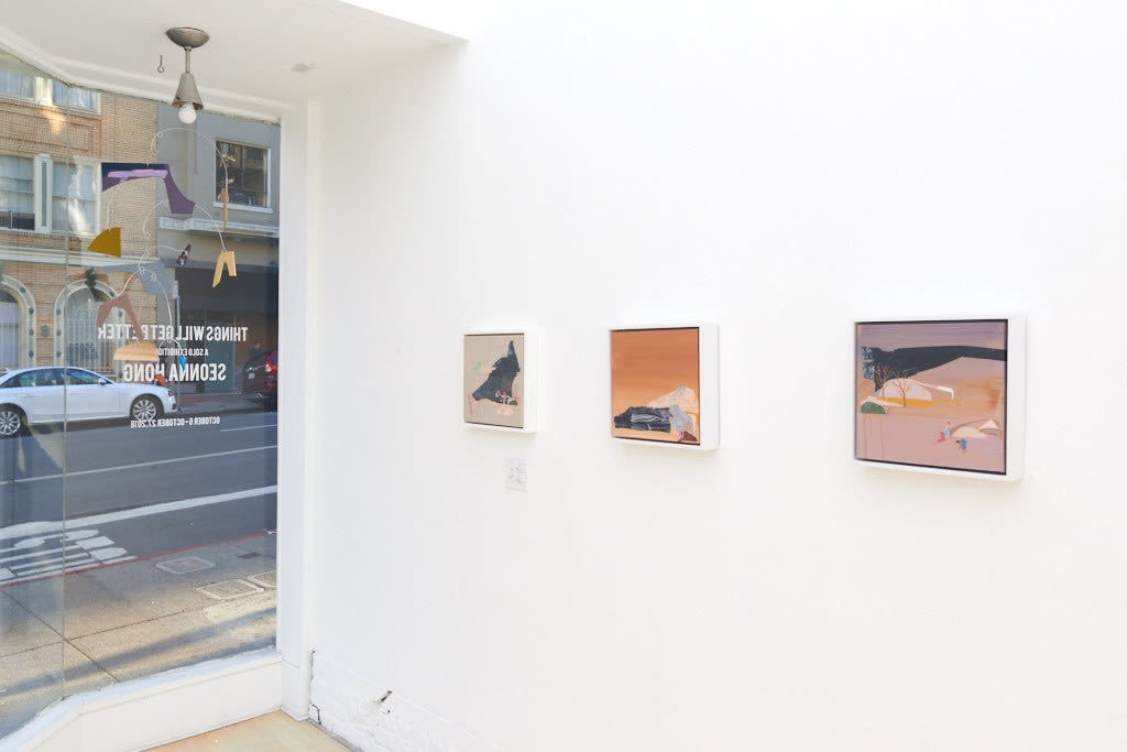 Seonna Hong "Things Will Get Better" installation view at Hashimoto San Francisco featuring paintings on walls