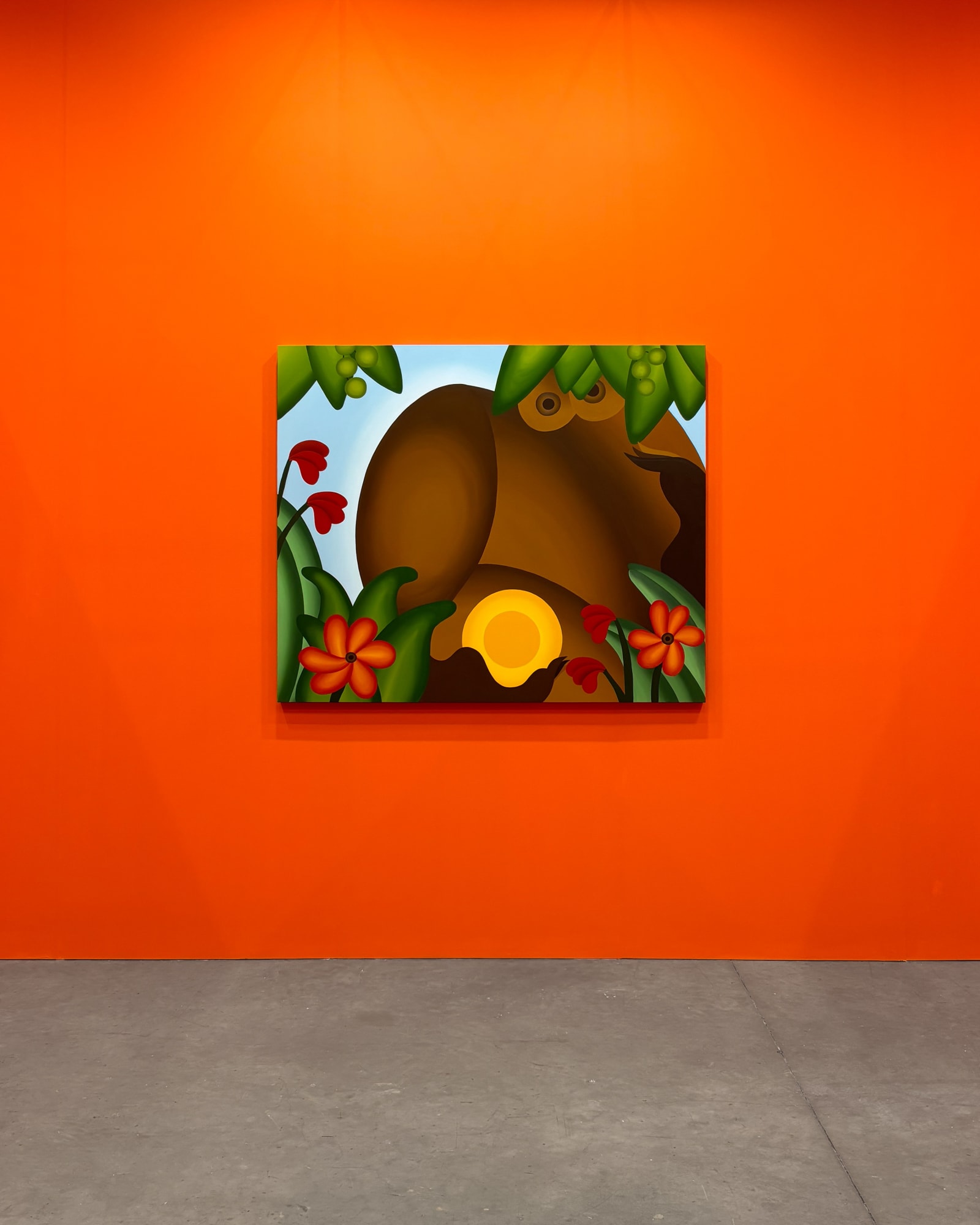 installation view of Bianca Nemelc's solo show in Taipei, bright orange walls with colorful paintings of abstracted flowers