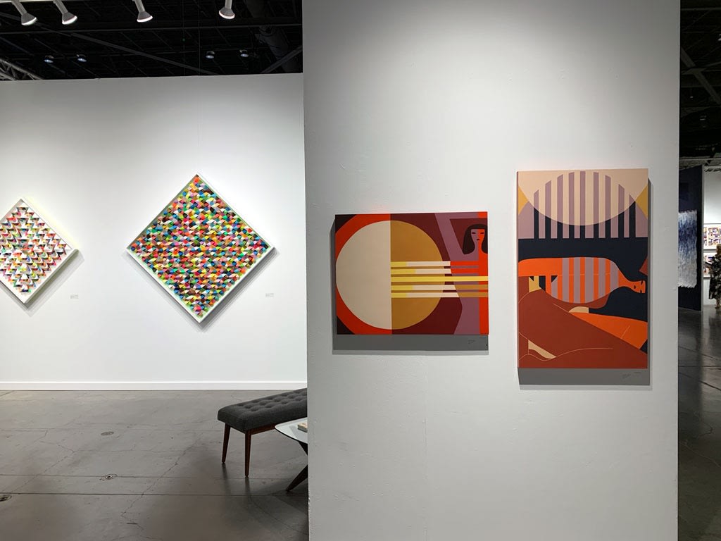 Installation image of three of Sean Newport's work at Seattle Art Fair 2019