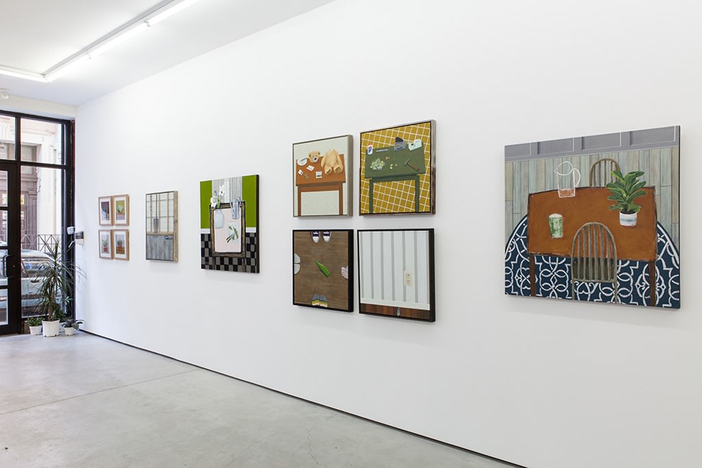Gallery installation view of Common Place group show featuring abstract and still life paintings