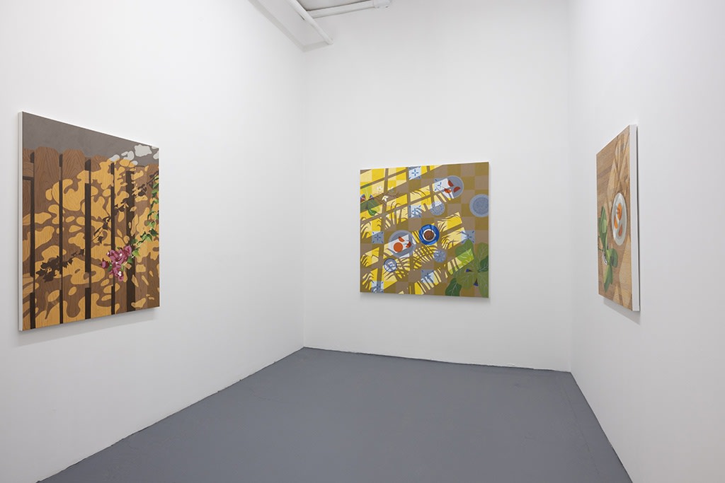 Installation view of Natalia Juncadella's solo exhibition at Hashimoto Contemporary (colorful shadow paintings on white walls)