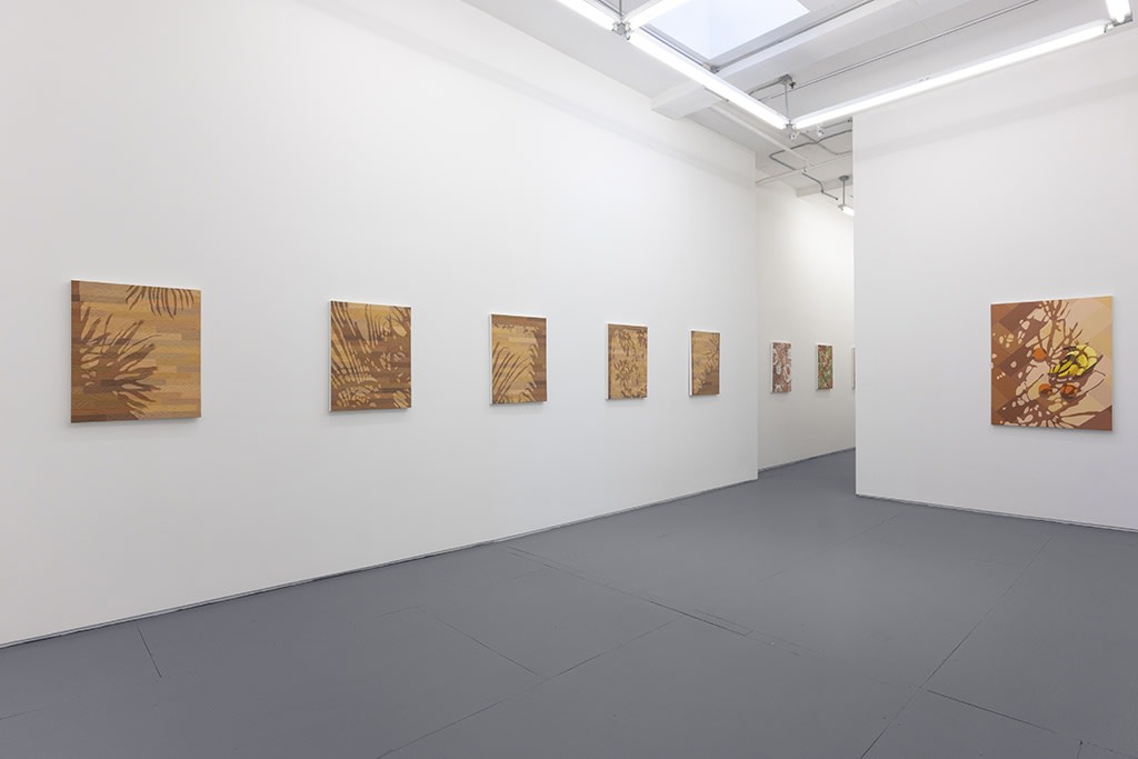 Installation view of Natalia Juncadella's solo exhibition at Hashimoto Contemporary (colorful shadow paintings on white walls)