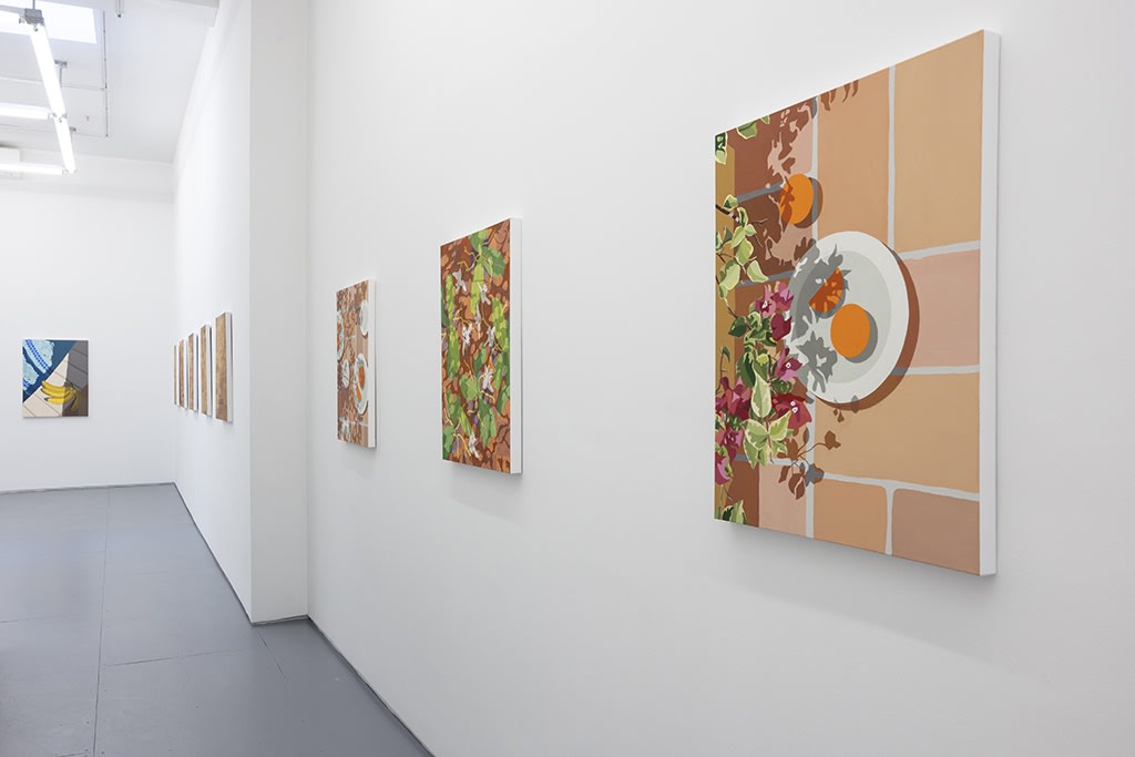 Installation view of Natalia Juncadella's solo exhibition at Hashimoto Contemporary (colorful shadow paintings on white walls)
