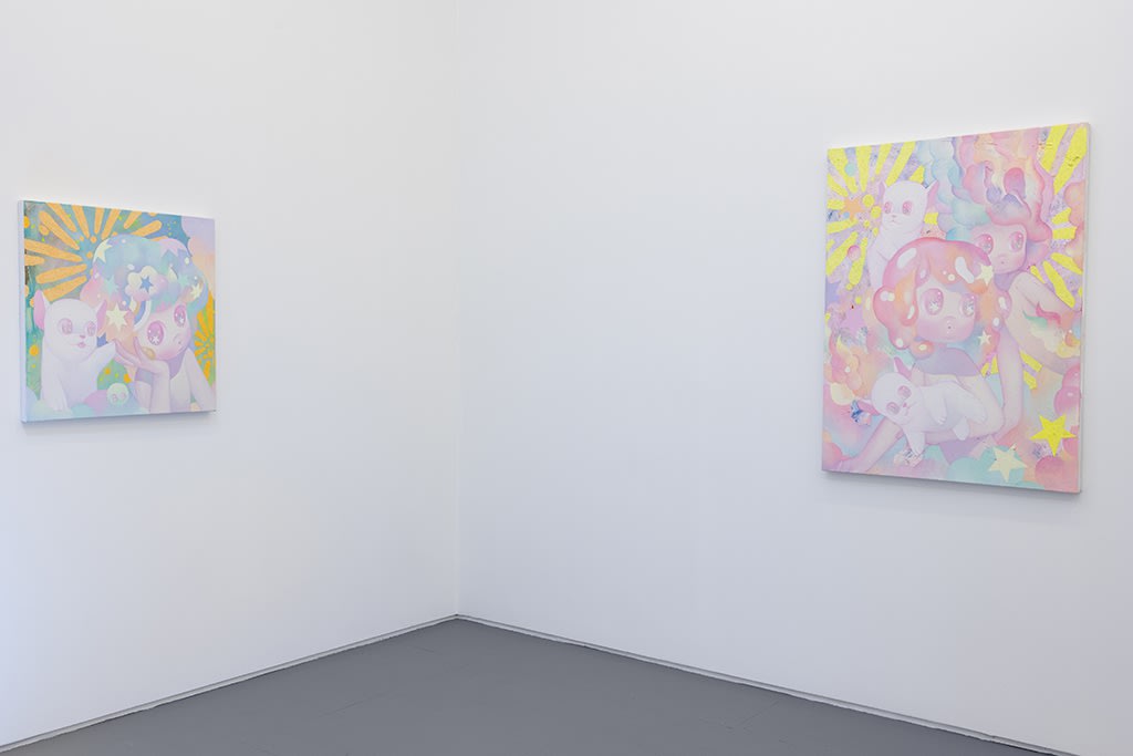 art installation image of two paintings by artist So Youn Lee in white wall room for "Over The Moon" show