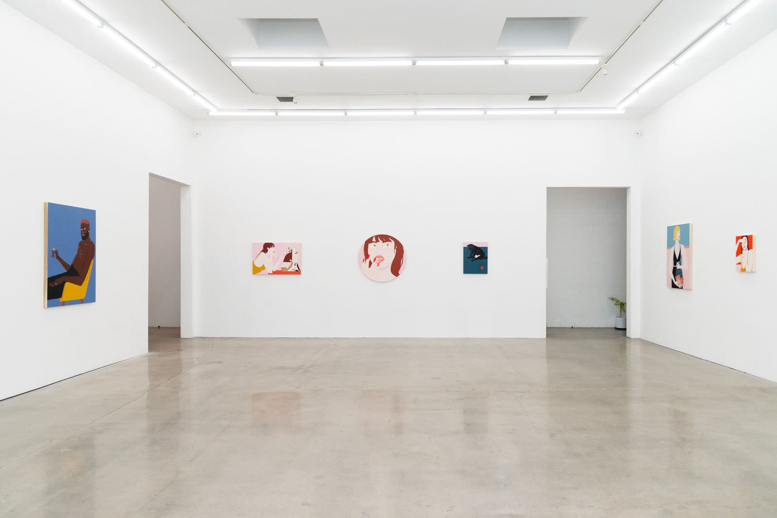 Installation shot of east gallery wall with paintings Olie, Lip Gloss and Calico