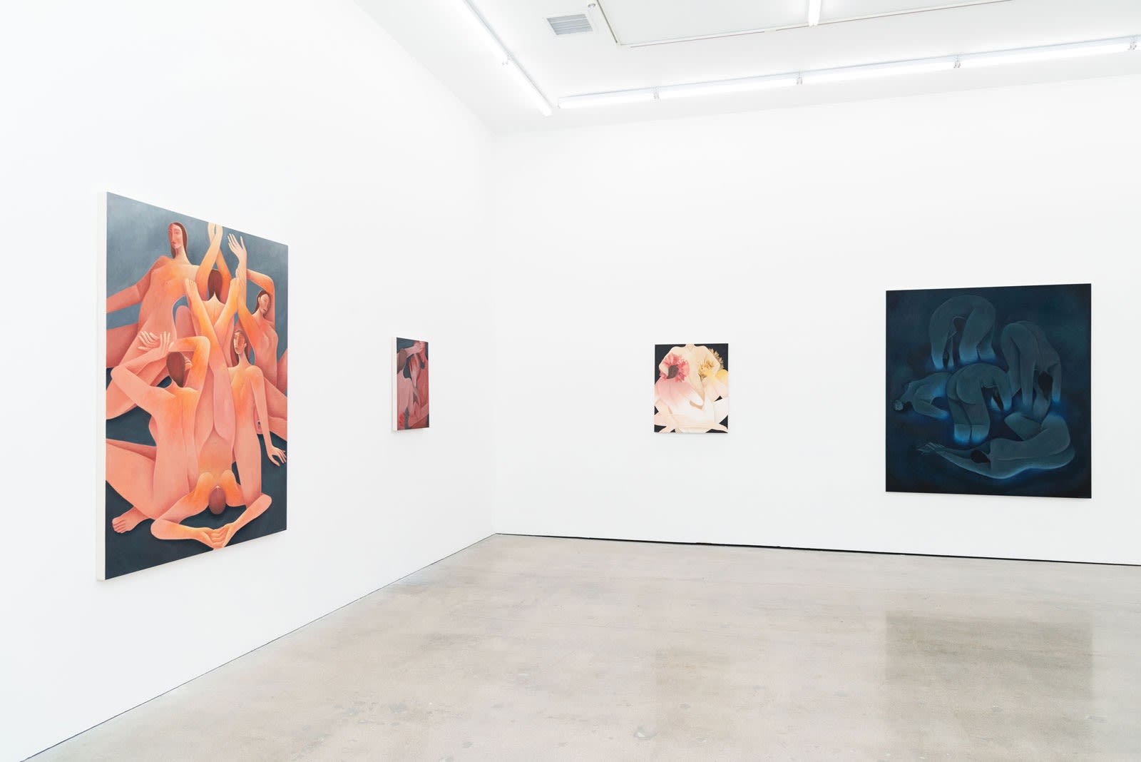 Installation image of Laura Berger's paintings "Becoming Light", "The Weight", "Anthophilous" and "The Source"