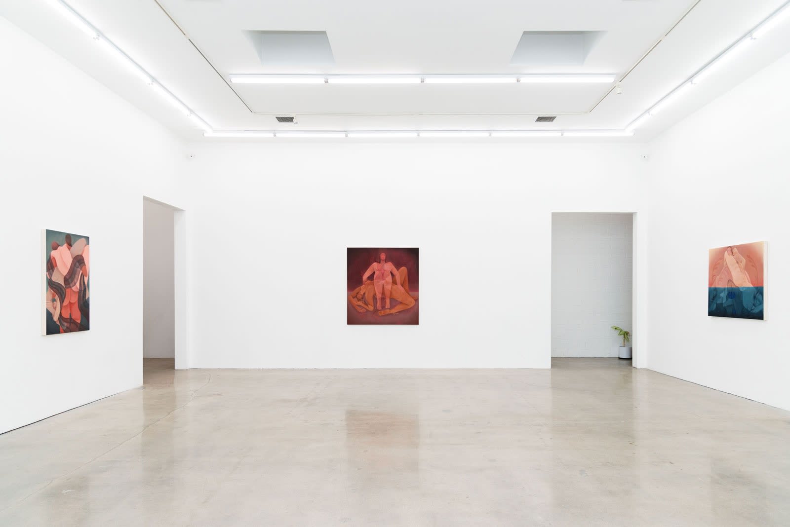 Installation image of Laura Berger's paintings "The Weight", "Flight Path" and "Dreaming Underwater"