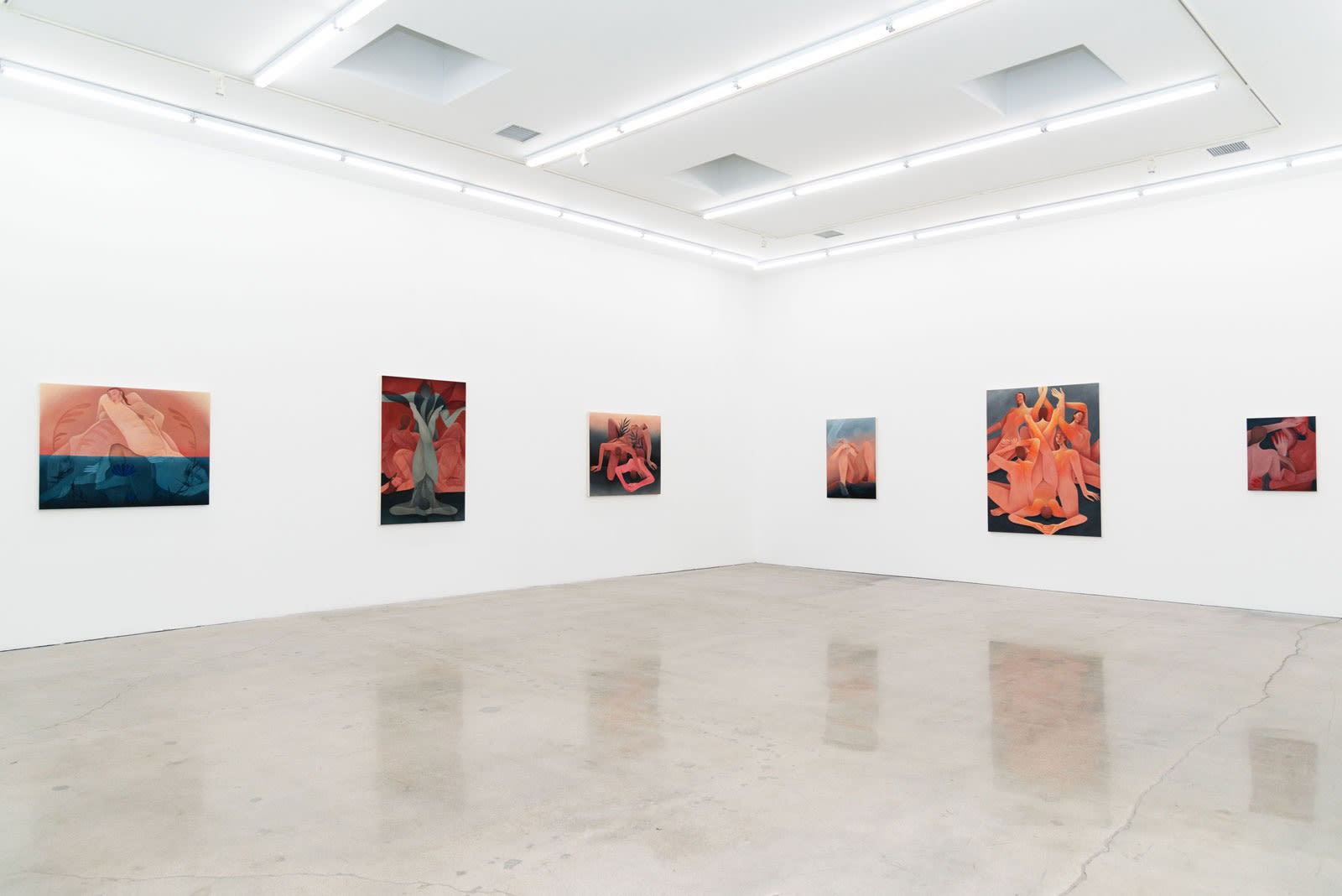Installation image of Laura Berger's paintings "Tree", "Resurfacing", "Sky Drape" and "Becoming Light"