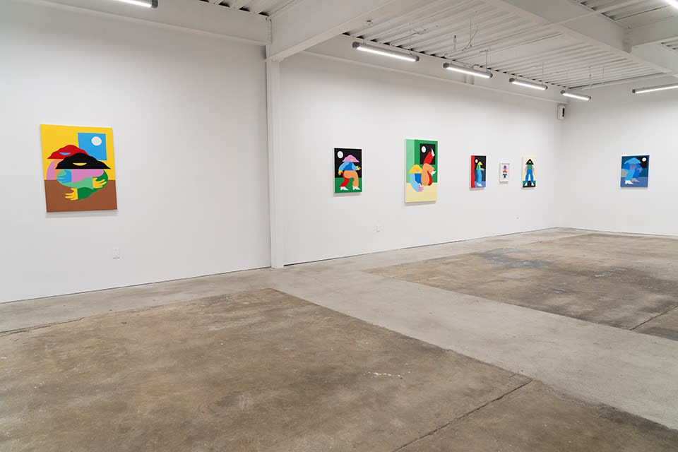 Installation view of Marbie's solo show "Good Love is Hard to Find," where images of abstracted figures, rendered in bright, color blocked hues, pose in various positions.