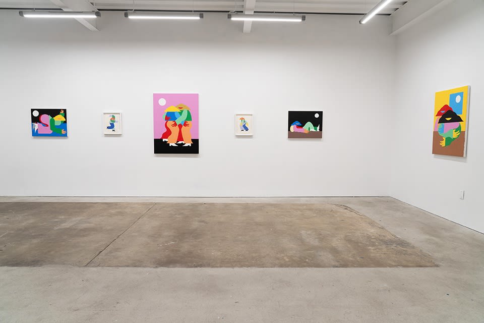 Installation view of Marbie's solo show "Good Love is Hard to Find," where images of abstracted figures, rendered in bright, color blocked hues, pose in various positions.