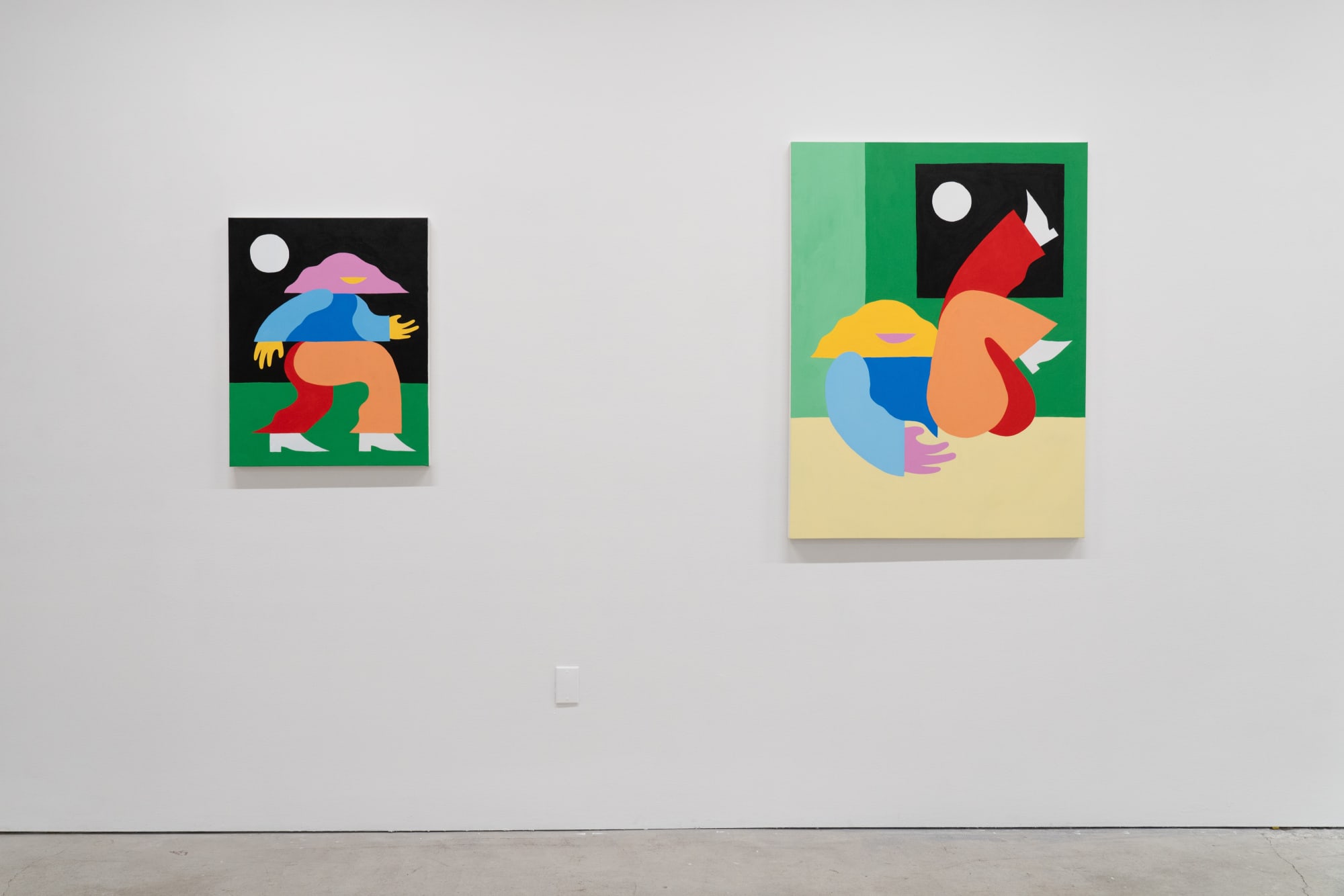 Installation view of Marbie's solo show "Good Love is Hard to Find," where images of abstracted figures, rendered in bright, color blocked hues, pose in various positions.