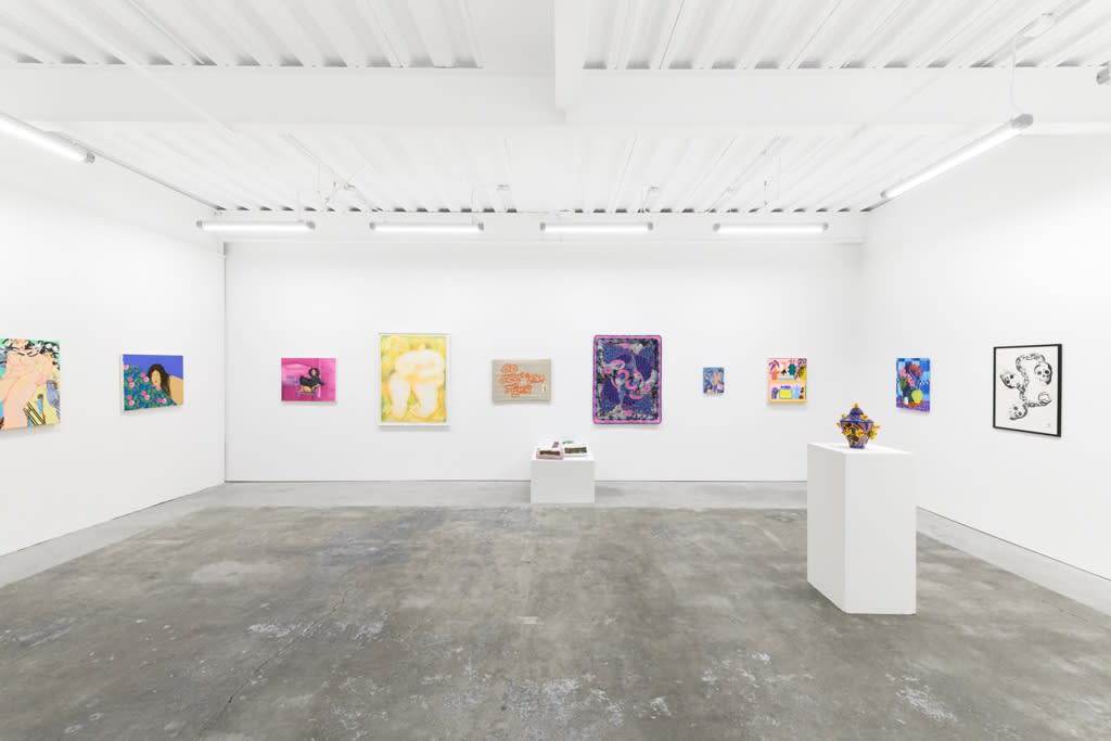 Install Image of Oddkin, from left to right, “Americans Don't Use Umbrellas・アメリカ人は傘をささない”, “Pensive Pleasure”, “Shifted Gaze”, “I’m A Friend”, “Go Get 'Em Tiger”, “Pair of Razors”, “Night Flyers”, “We Eat Lunch at Noon”, “Shelf with Fish, Sunburst & Plant