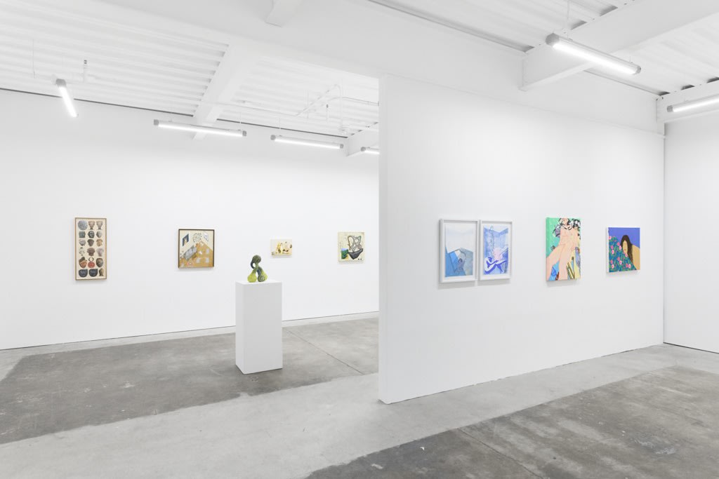 Install image of "Oddkin", from left to right, “MANYFACES”, “When the Cat's Away”, “I am the tiger, tiger, tiger”, “spa (7)”, “spa (2)”, “Americans Don't Use Umbrellas・アメリカ人は傘をささない”, “Pensive Pleasure”.