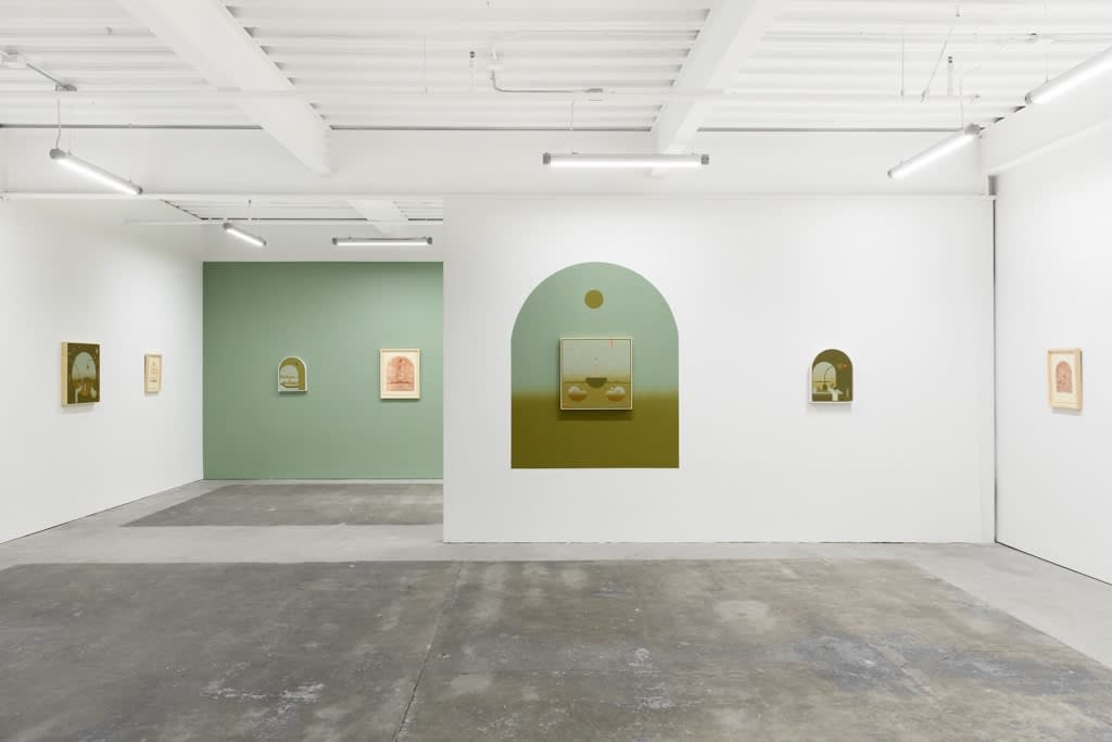 Install image of Petrichor, from left to right, “Terrachrome”, “Ode to Agnes”, “Piñon”, “Metamorphic”, “Nautilus”, “Ichor”, “Transmogrify”.