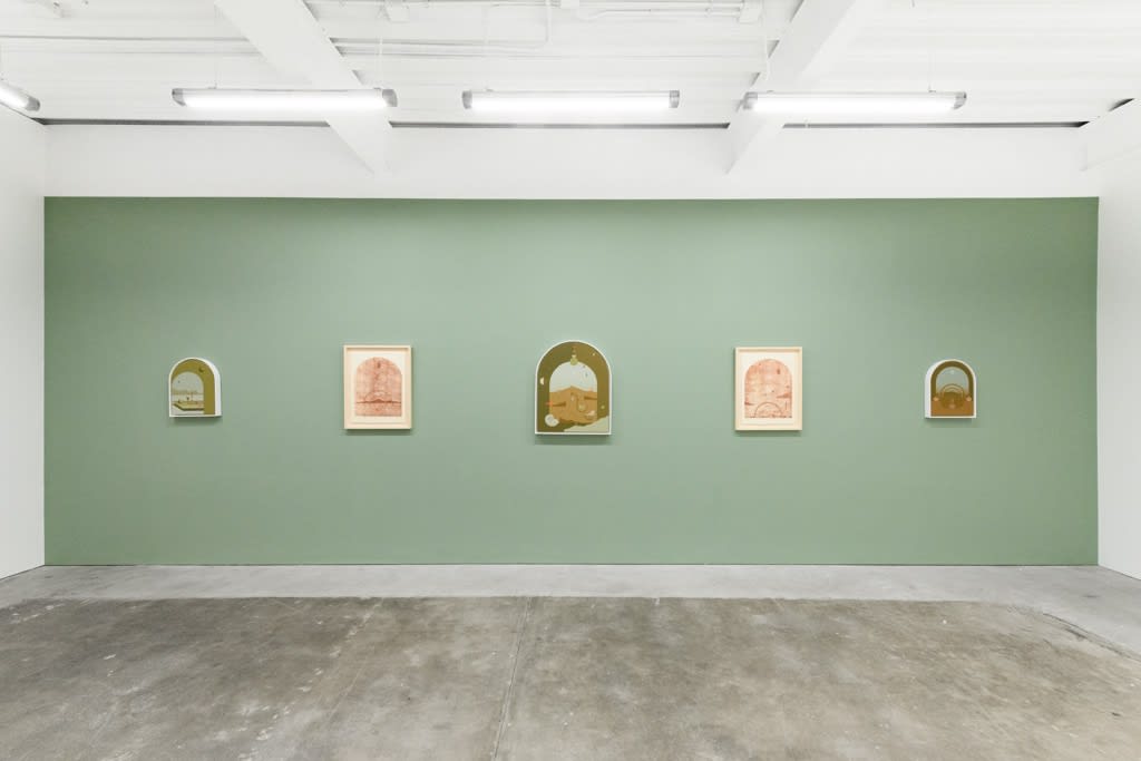 Install image of Petrichor, from left to right, “Piñon”, “Metamorphic”, “Hyphae”, “Orogeny”, “Geosmin”.