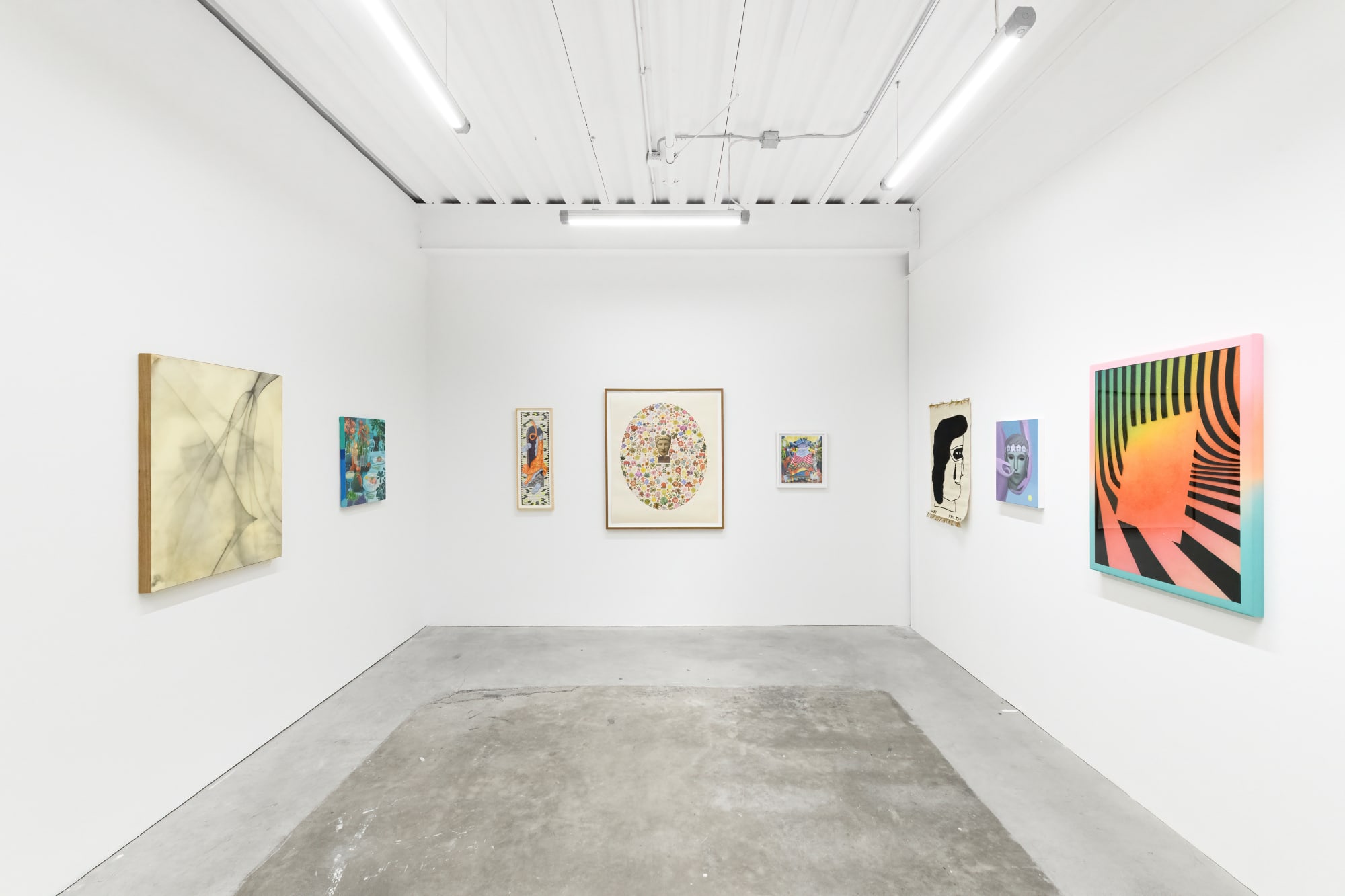 Installation shot of Hashimoto Contemporary's 10 Year Anniversary Group Exhibition featuring works by Rachel Strum, Corey K. Lamb, Keya Tama,  Stacey Rozich, Matthew Craven, Andrew Schoultz, Nicholas Bono Kennedy, and Peter Gronquist