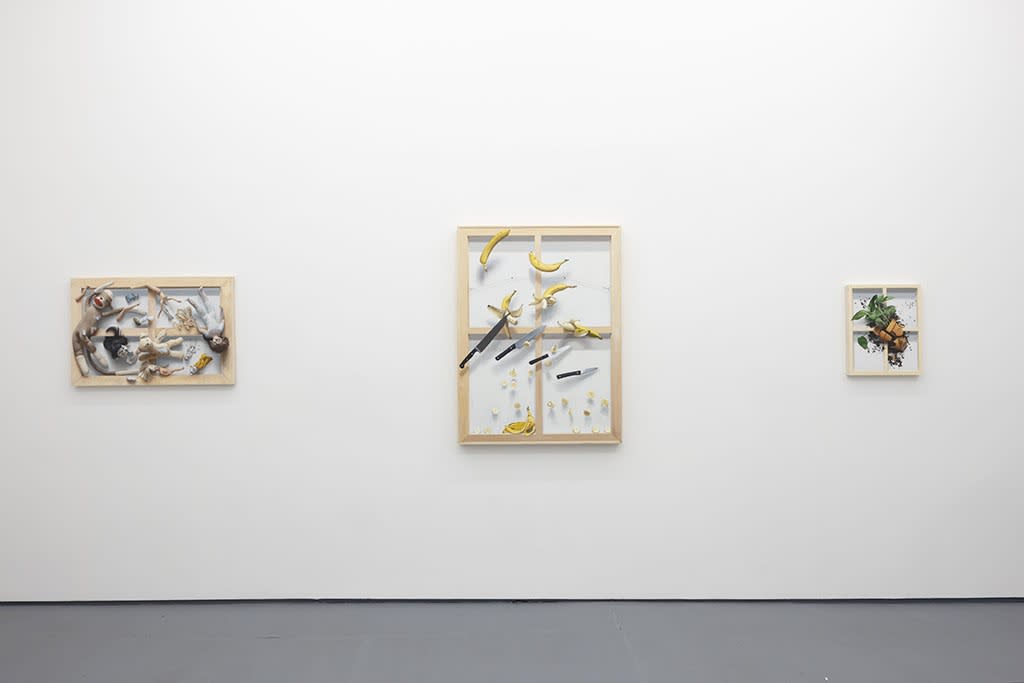 white wall with three paintings next to each other at Stephen Morrison Dog Show #4: House Broken exhibit