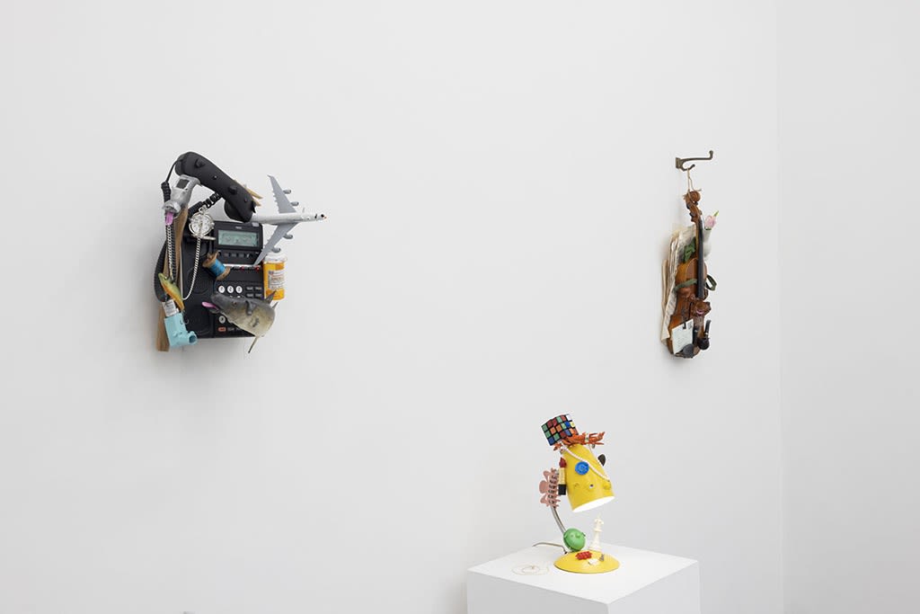 White Wall with three sculptures at Stephen Morrison Dog Show #4: House Broken exhibit