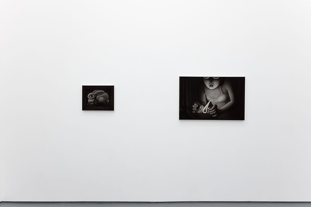 Installation view of Angela Fang Zirbes exhibition "House & Ghosts" featuring two greyscale paintings on a white wall