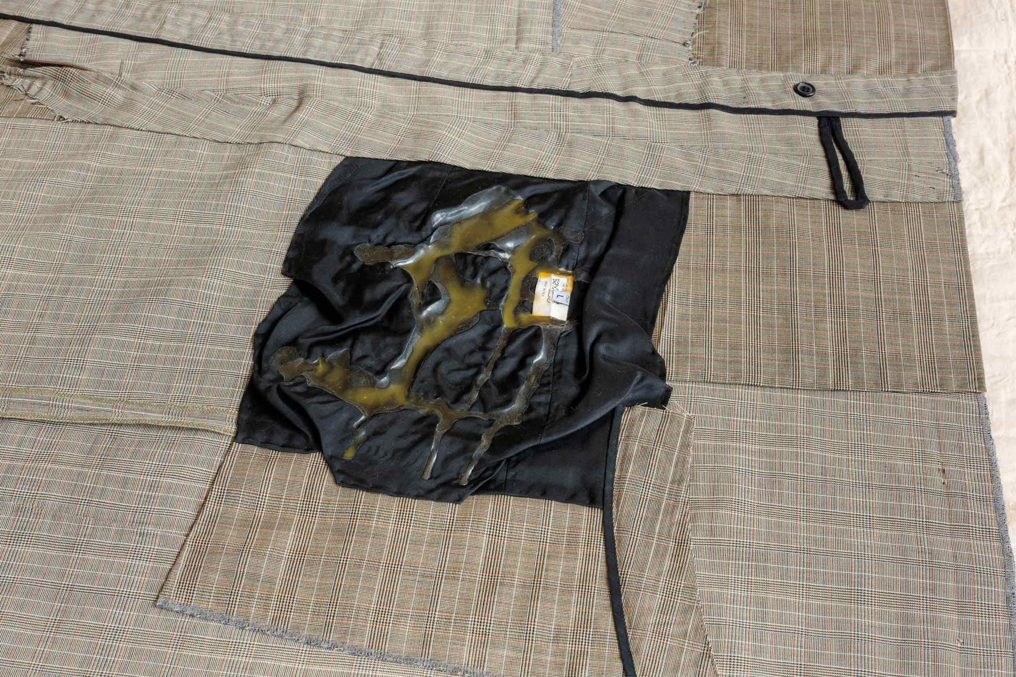 After Cutting, 2024 Martin Margiela wool suiting skirt and lining 2000-2001, polyester thread, cotton muslin, acrylic paint, latex 130x99cm