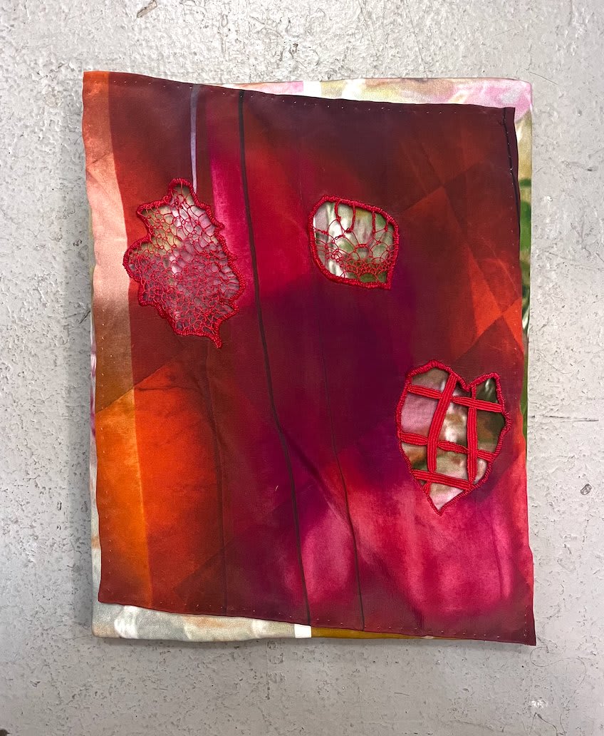 Emma Safir (b. 1990) Carmine I, 2023 Silk, pine, upholstery foam, house paint, flashe paint 14 x 11 x 1 1/2 inches 35.6 x 27.9 x 3.8 cm