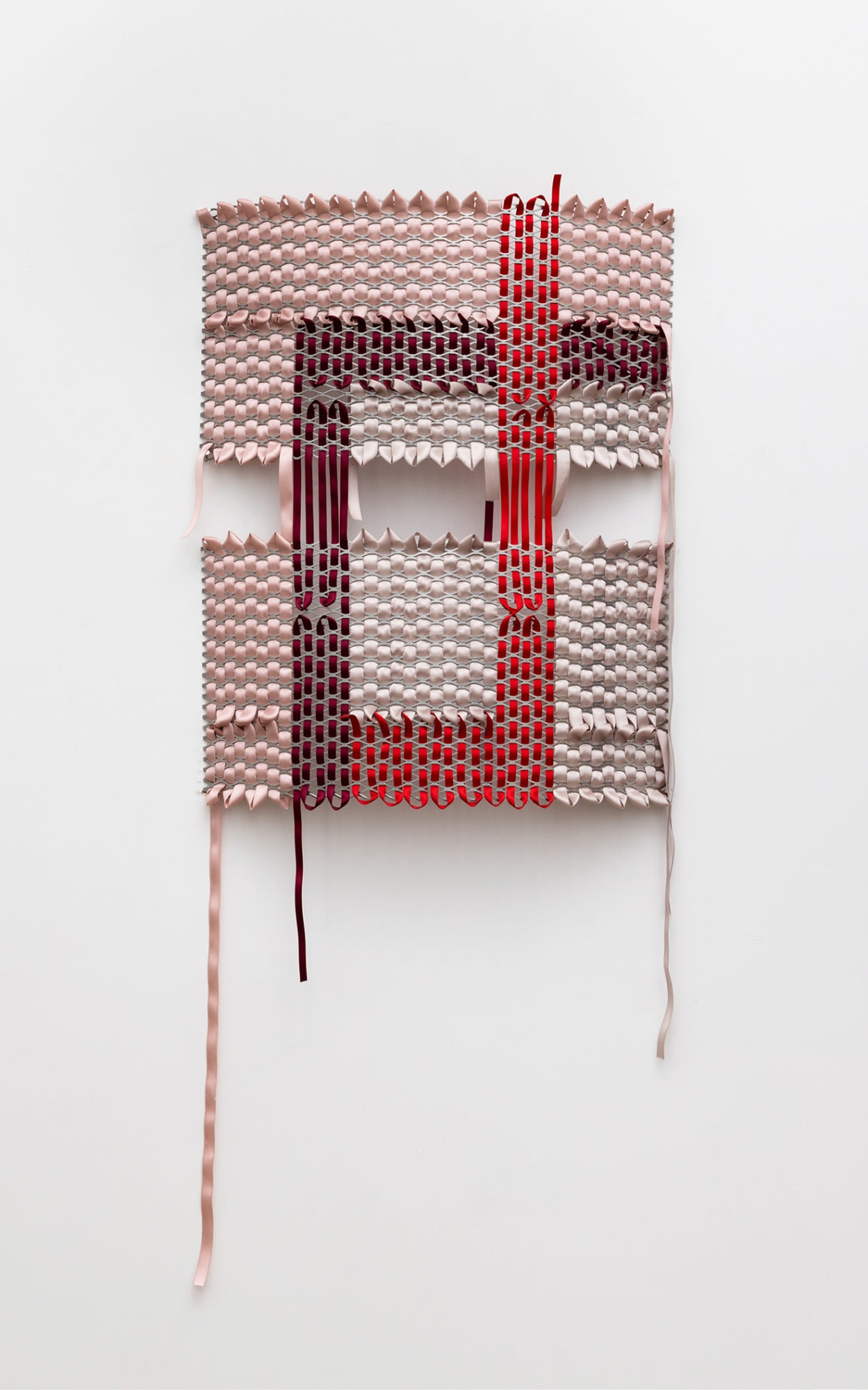 Alina Tenser (b. 1981) Spanning Meander, Red Path, 2022 Satin ribbon, expanded metal 43 x 21 1/2 x 5 inches 109.2 x 54.6 x 12.7 cm