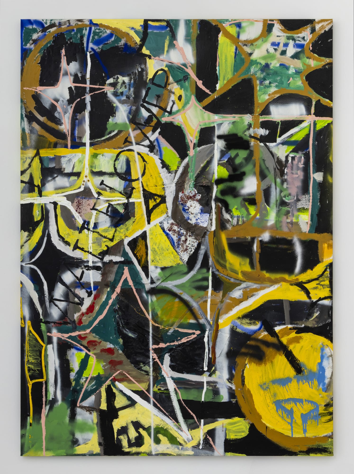 Grace Rosario Perkins Flares, Sunspots, Eclipses, 2024 Acrylic, spray paint, roses, daises, and plastic on canvas 75 1/2 x 54 in 191.77 x 137.16 cm