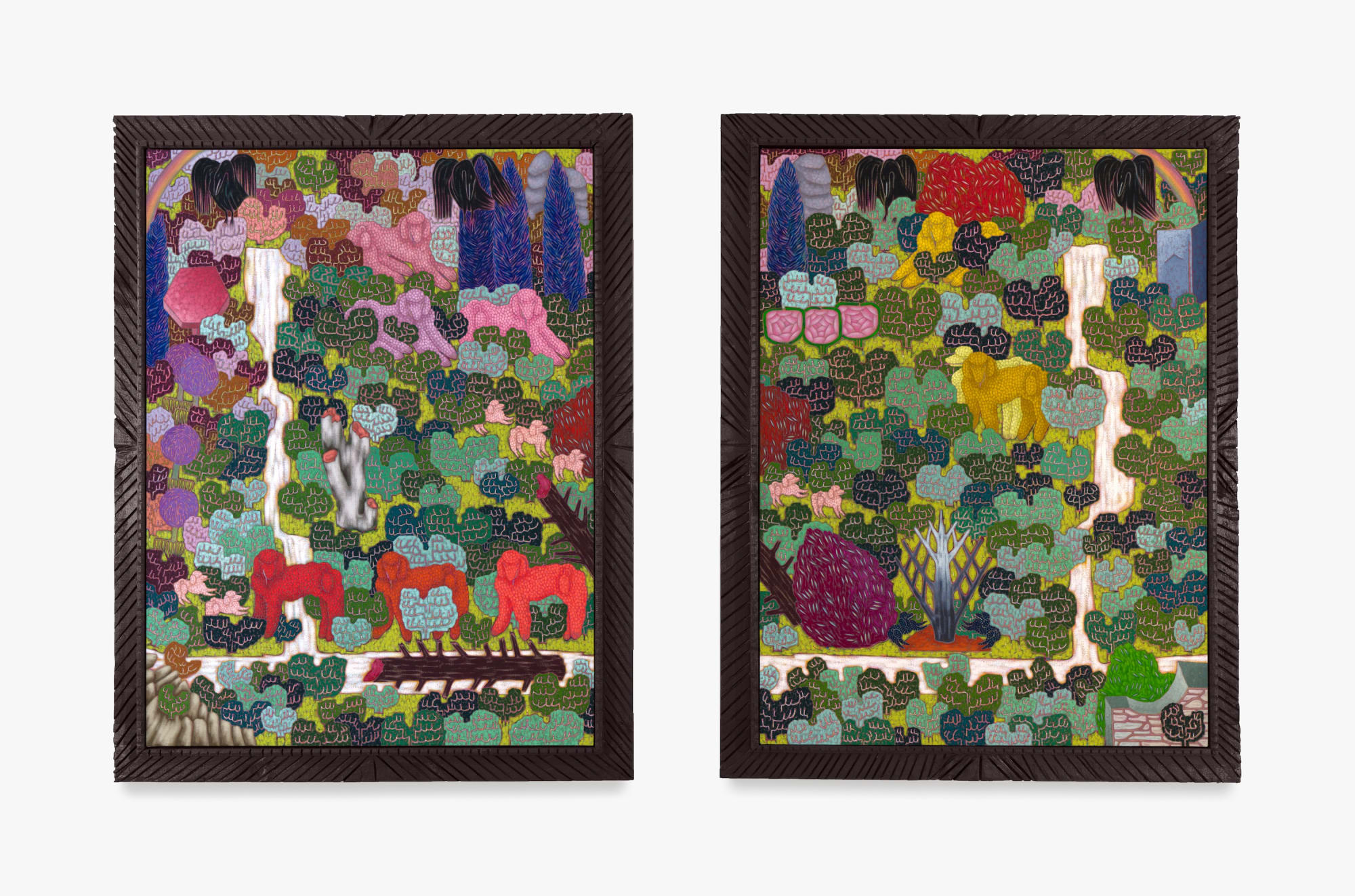 Sophie Larrimore 287 Bushes, 9 Trees, 2023 Diptych: acrylic and water soluble crayon on unprimed linen, in artist's frames Overall: 68 x 110; 60 x 45 inches, each Overall: 172.7 x 279.4 cm; 152.40 x 114.30 cm, each 68 x 53 inches (framed) 172.72 x 134.62 cm (framed)