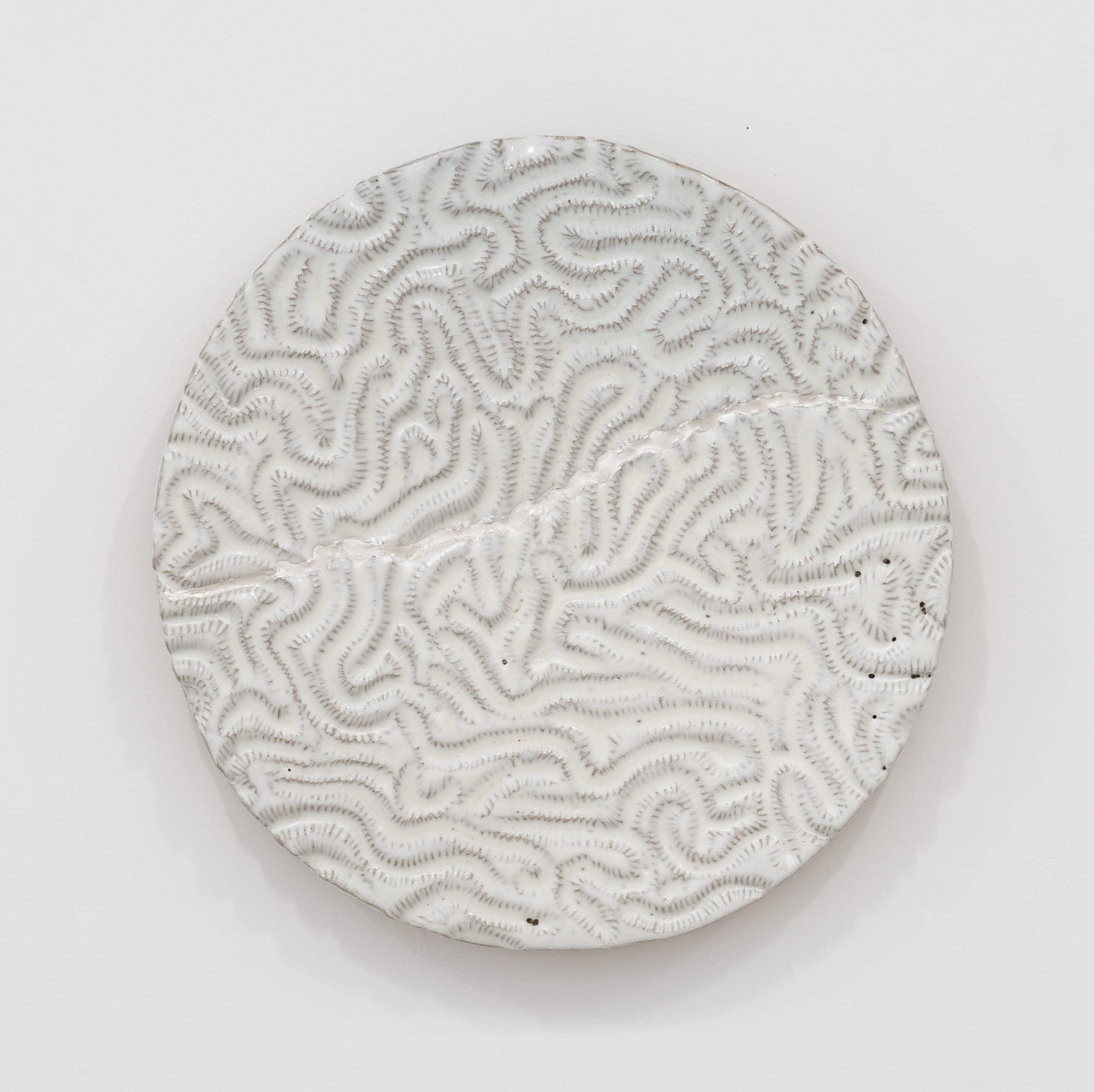 Randi Renate diploria labyrinthiformis (brain coral) .001L, 2024 Glazed stoneware, epoxy, silver Diameter: 22 inches (55.88 cm)