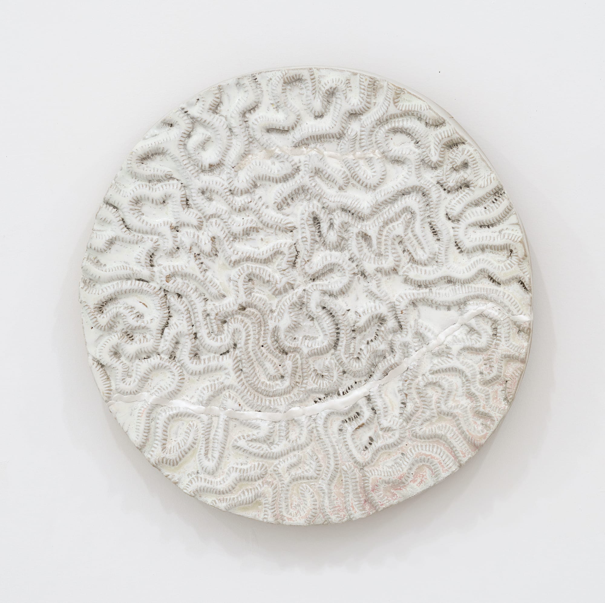 Randi Renate diploria labyrinthiformis (brain coral) .002L, 2024 Glazed stoneware, epoxy, silver Diameter: 22 inches (55.88 cm)
