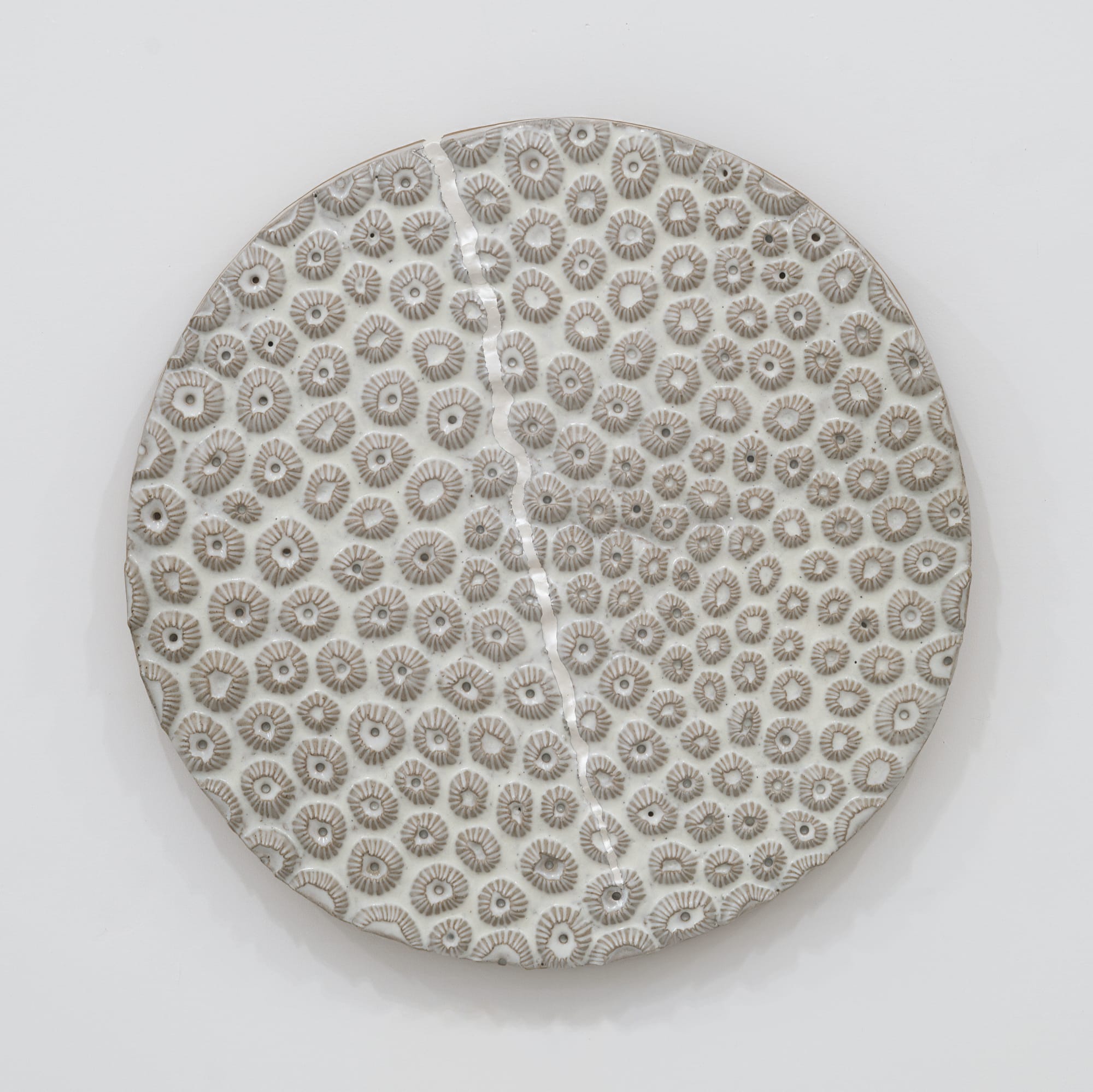 Randi Renate montastraea cavernosa (great star coral) .002L, 2024 Glazed stoneware, epoxy, silver Diameter: 22 inches (55.88 cm)
