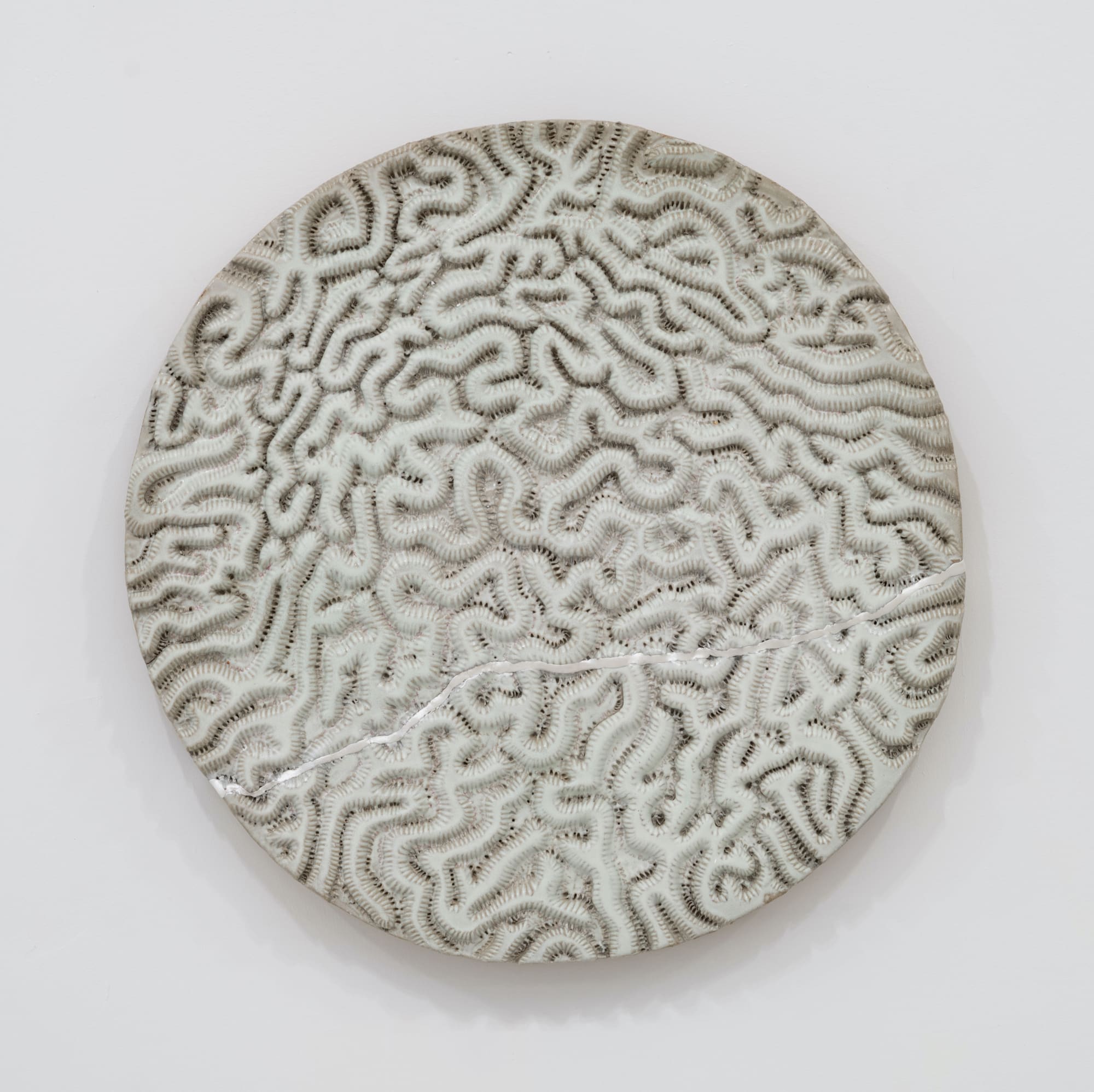 Randi Renate diploria labyrinthiformis (brain coral) .001, 2024 Glazed stoneware, epoxy, silver Diameter: 16 inches (40.64 cm)
