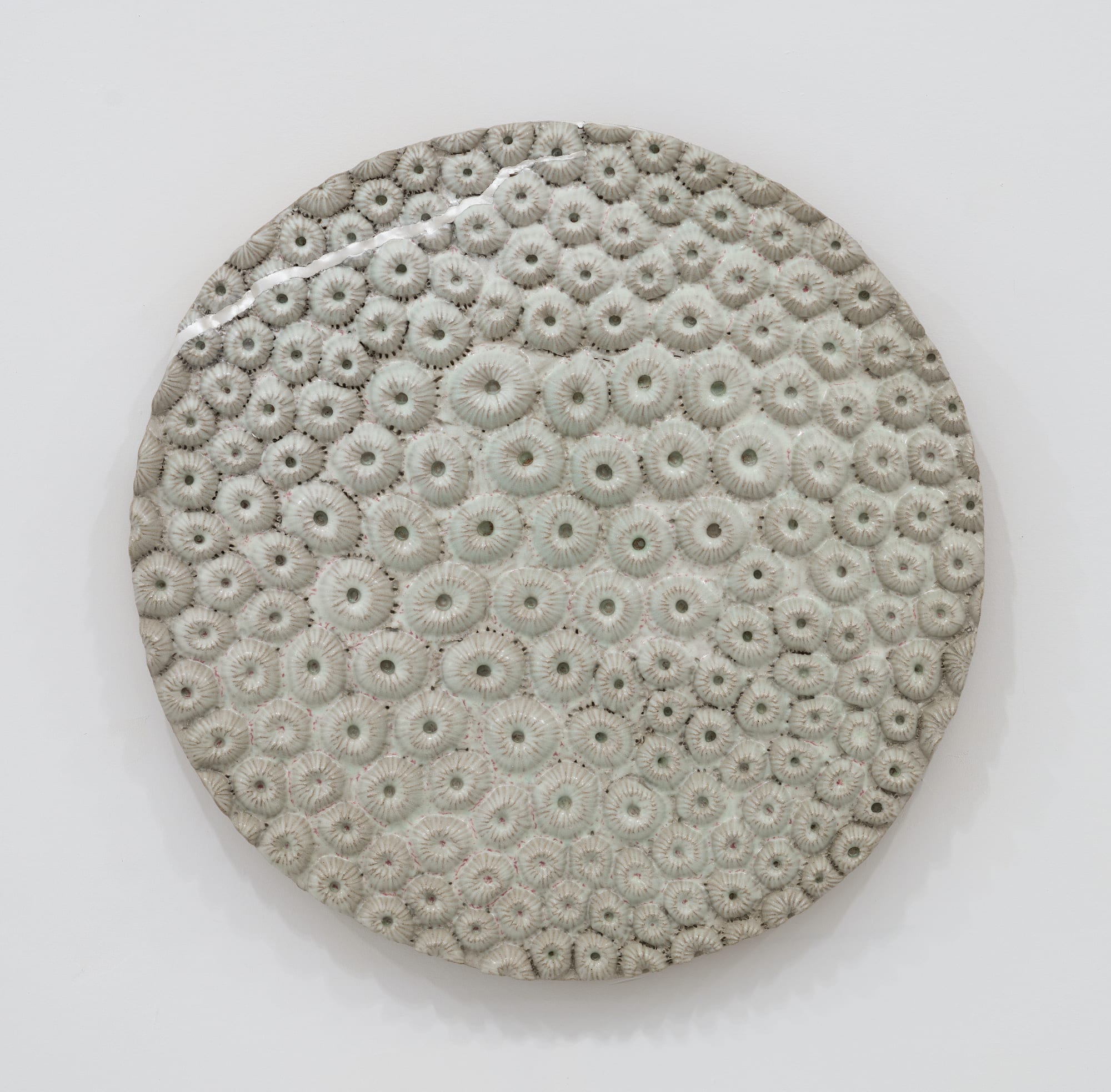 Randi Renate orbicella faveolata (mountainous star coral) .003L, 2024 Glazed stoneware, epoxy, silver Diameter: 22 inches (55.88 cm)