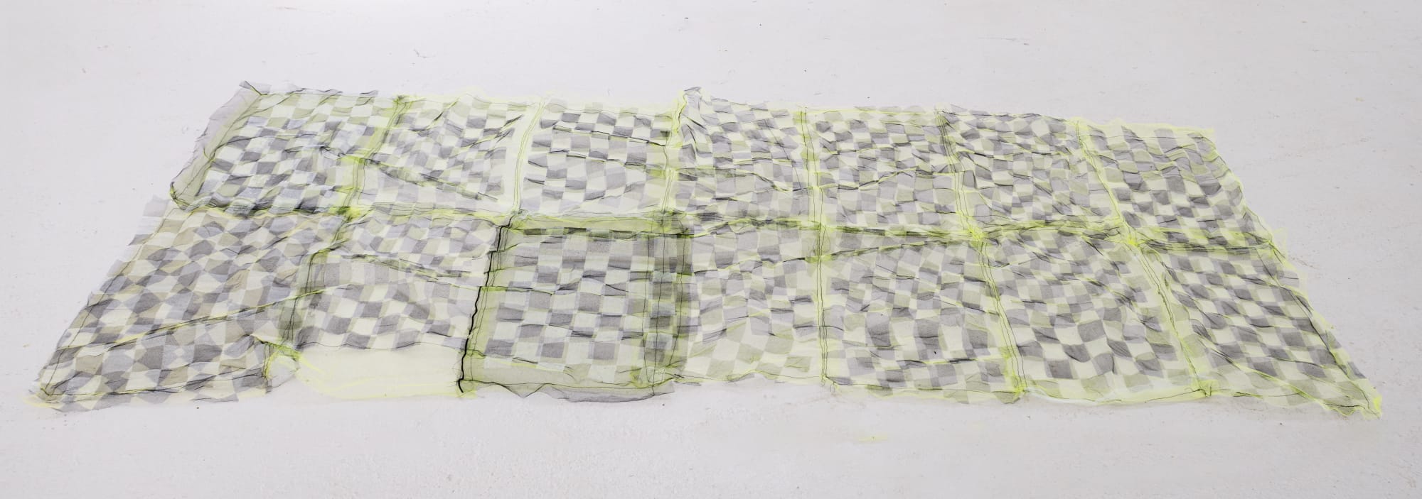 Emma Safir Untitled, 2025 Tulle, silk screen, polyester thread 1 x 106 x 46 inches 2 x 269 x 116 cm