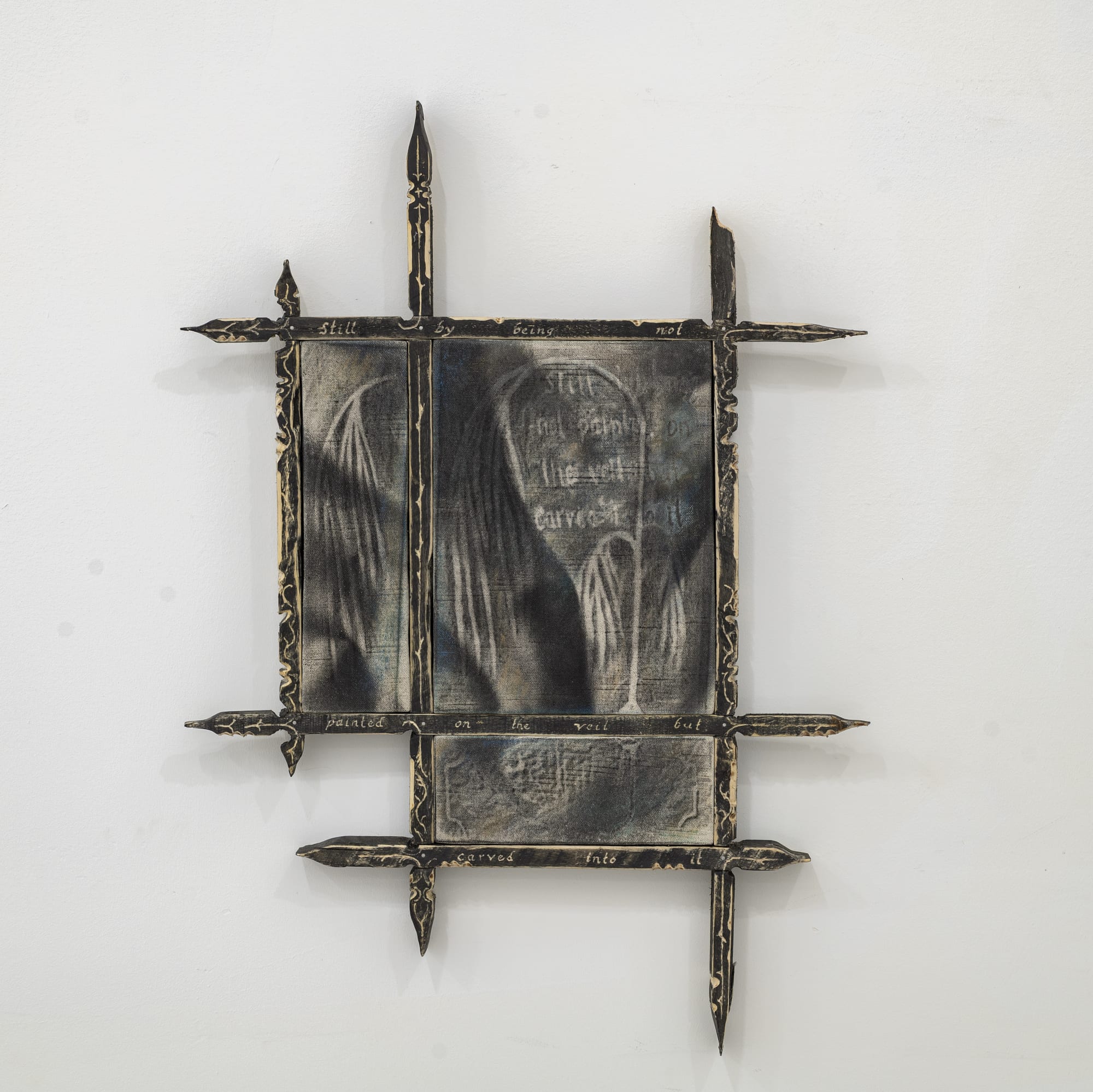 Kent Rhodebeck Still By, 2025 Wood, fabric, spray paint, water-soluble graphite, oil pastel 20 x 27 inches 50 x 68 cm