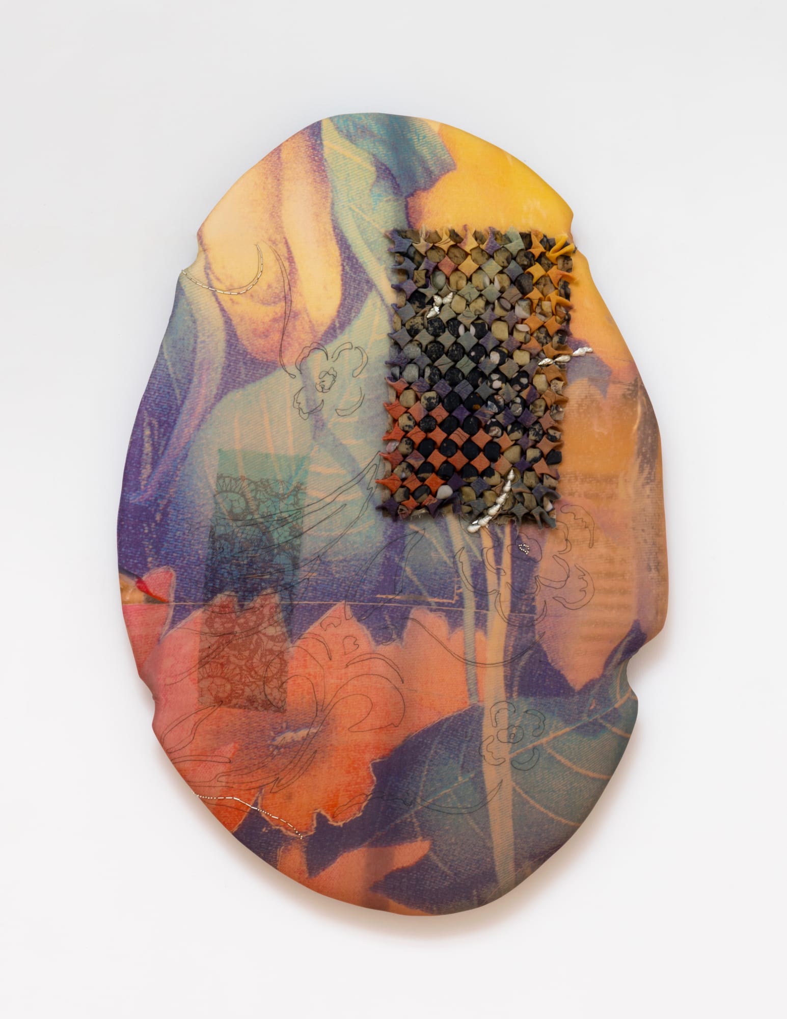 Emma Safir (b. 1990) APRICOT SILK, 2025 Digitally printed silk, pewter, silk screened tulle, mirrored glass beads, reflective thread, neoprene, ochre oxide pigment 33 x 23 x 2 inches 83 x 58 x 5 cm